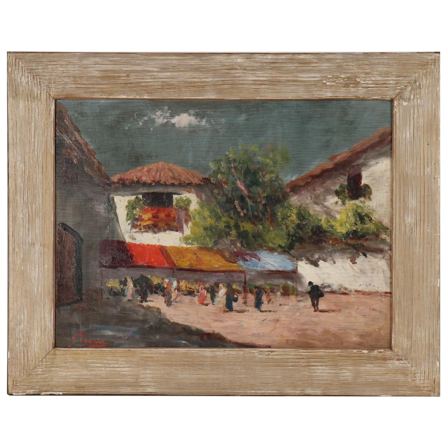 J. Torres Oil Painting of Southwestern Market Scene, Late 20th Century