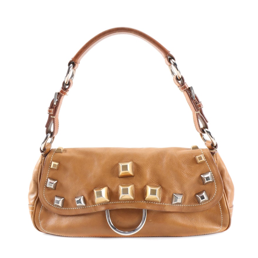 Prada Borchie Studded Baguette in Camel Tan Calf Leather