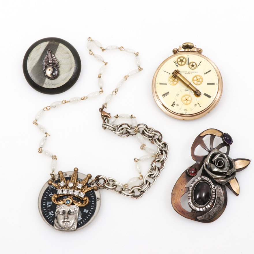 Assembled Brooches and Necklace Featuring Steampunk Motif Piece