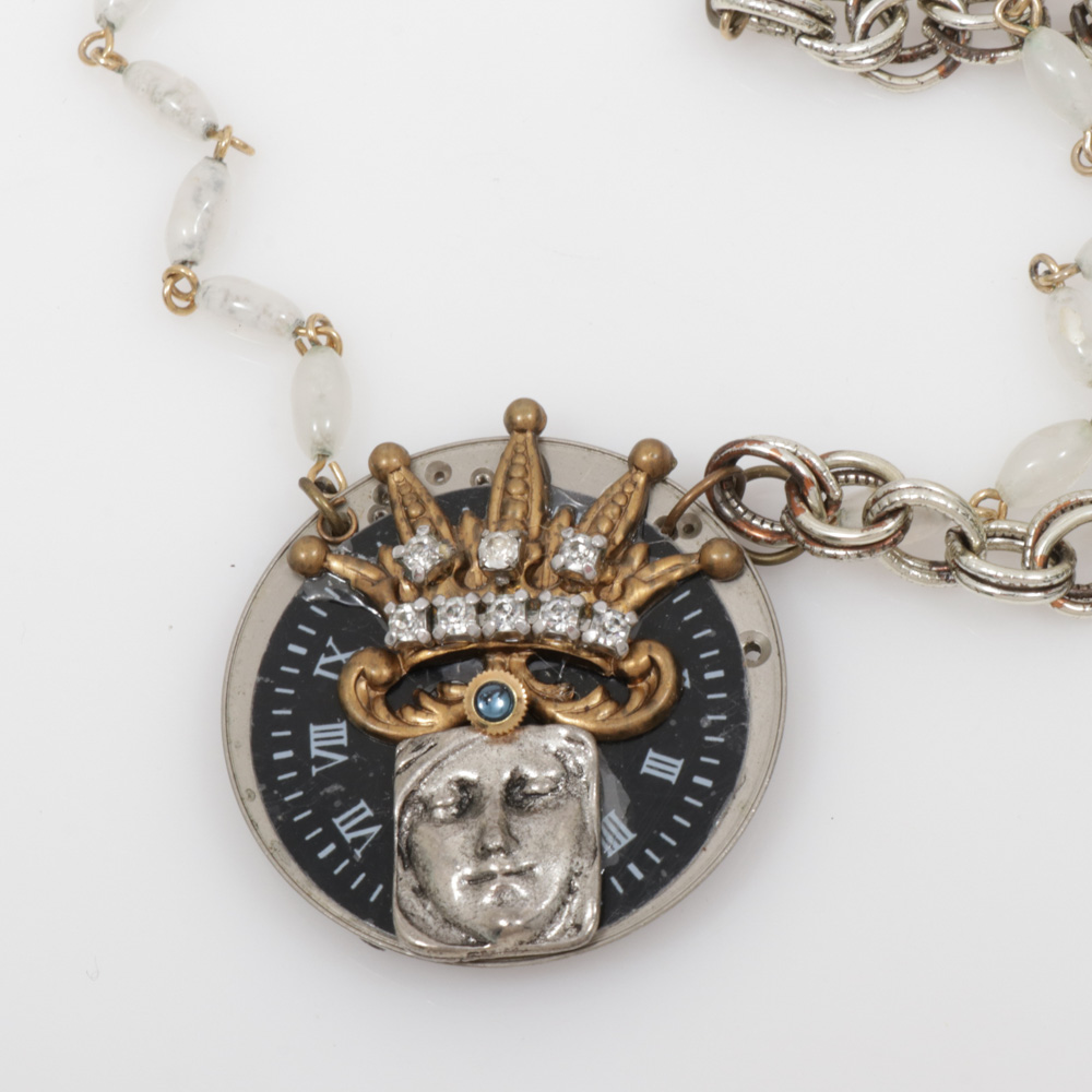 Assembled Brooches and Necklace Featuring Steampunk Motif Piece