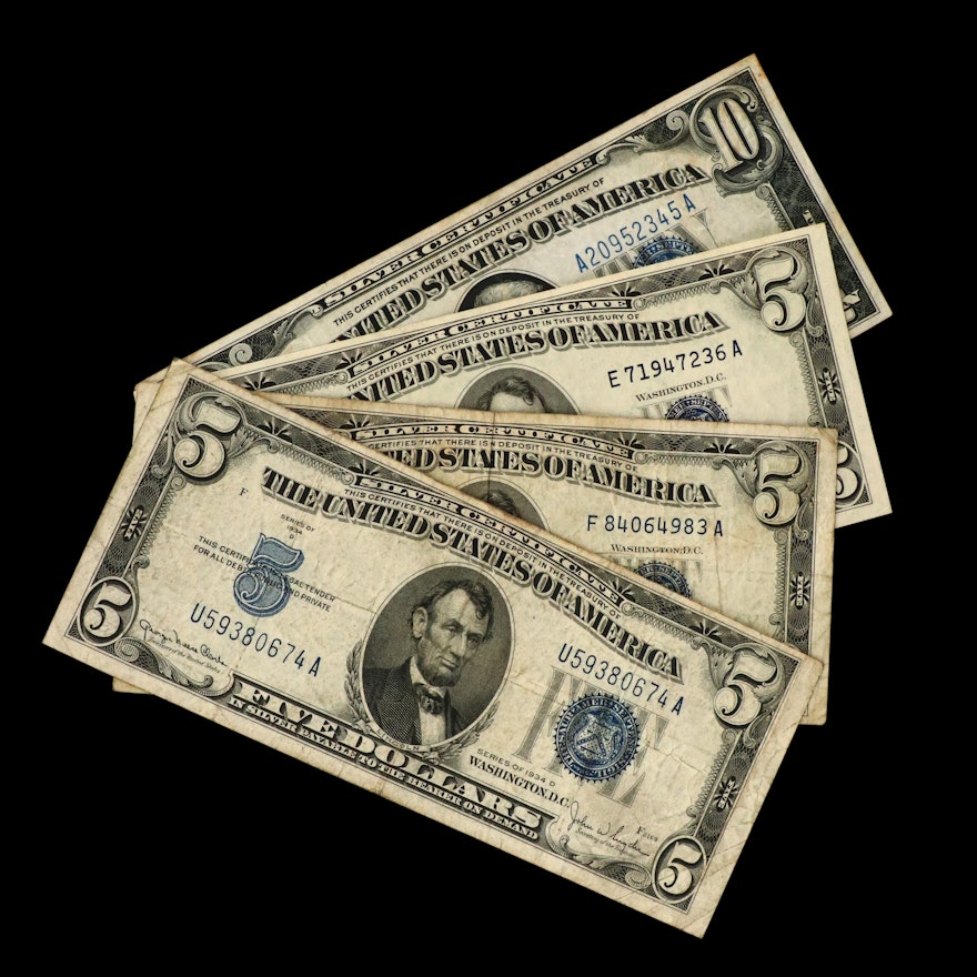 One $10 and Three $5 Silver Certificates