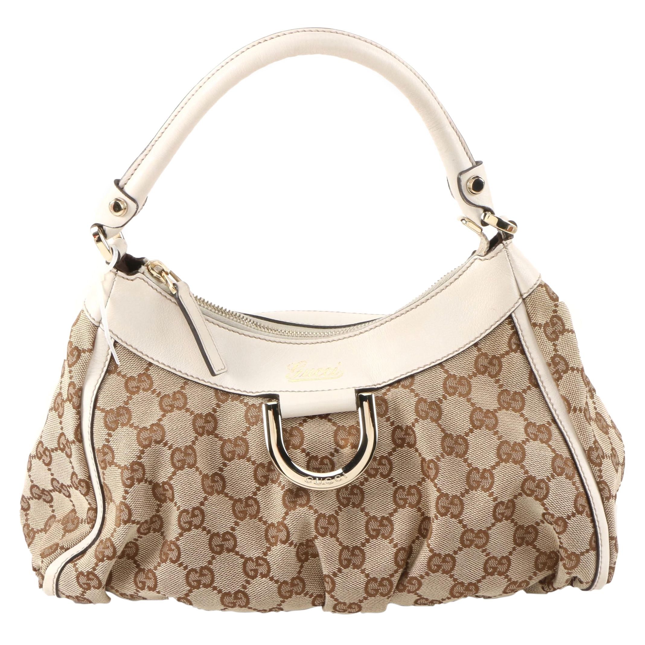 Gucci Abbey D-Ring GG Canvas and White Leather Hobo Bag
