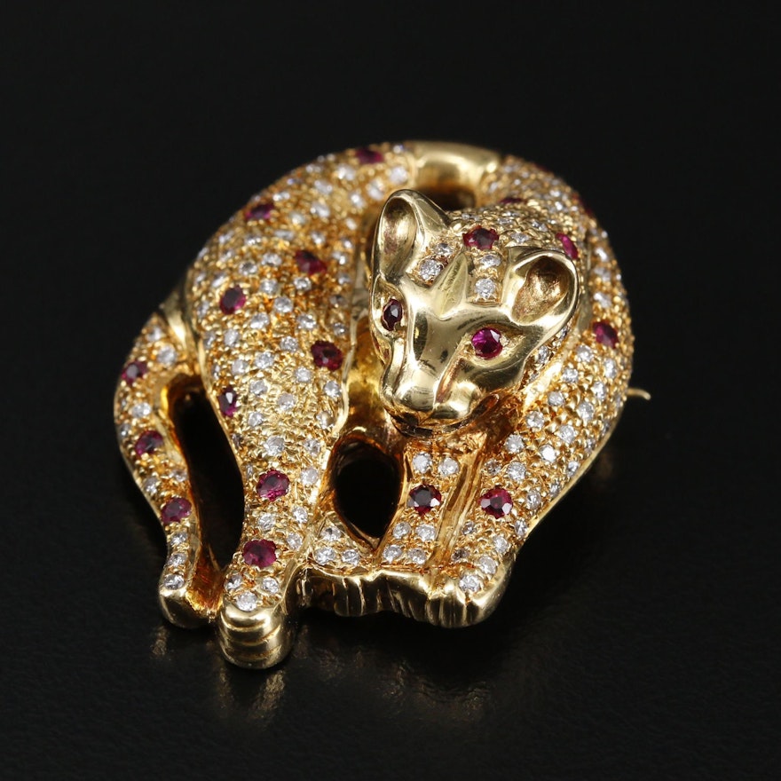 18K Yellow Gold Ruby and Diamond Leopard Brooch