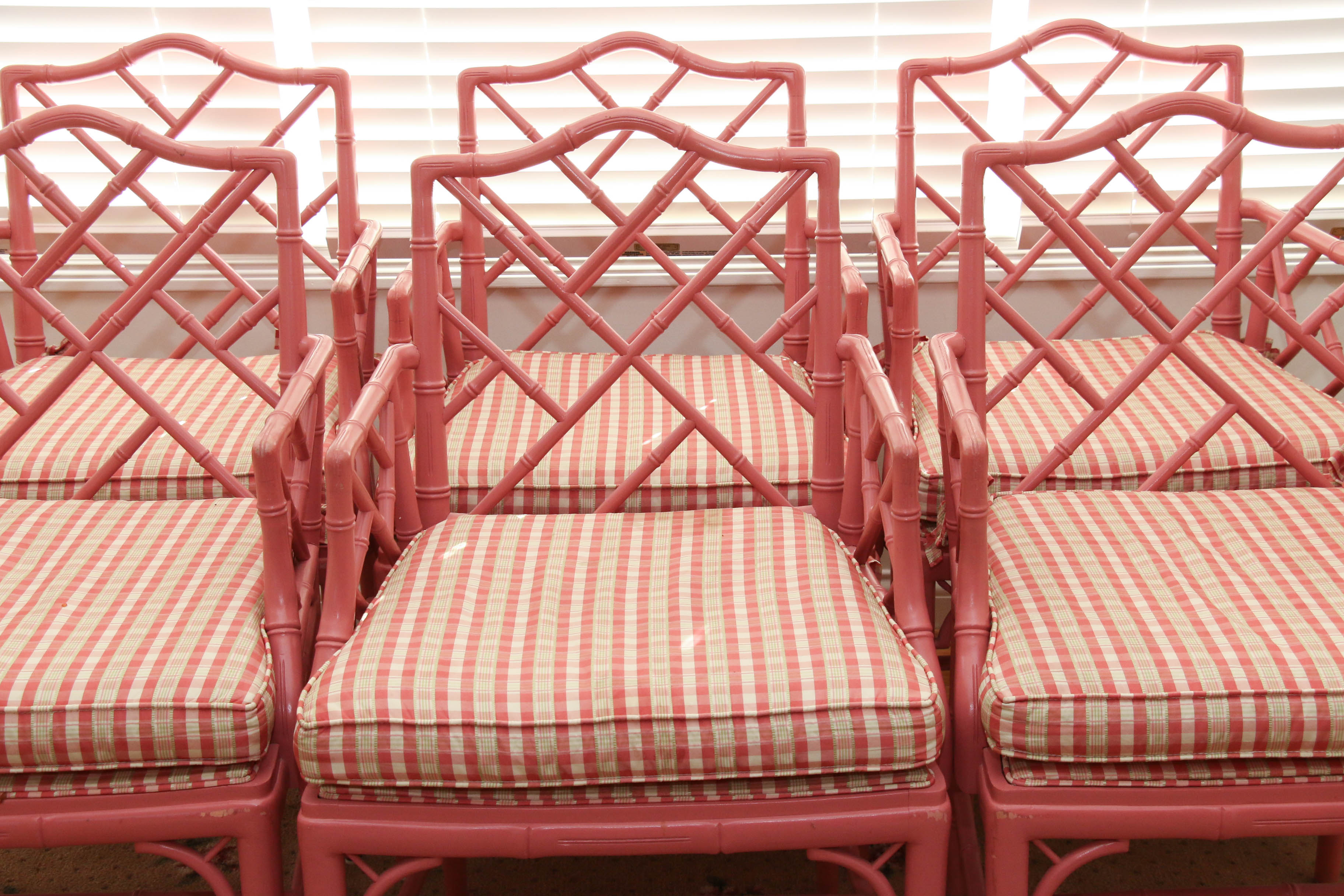 Six Pink-Painted Chippendale Style Faux Bamboo Dining Chairs, Late 20th Century