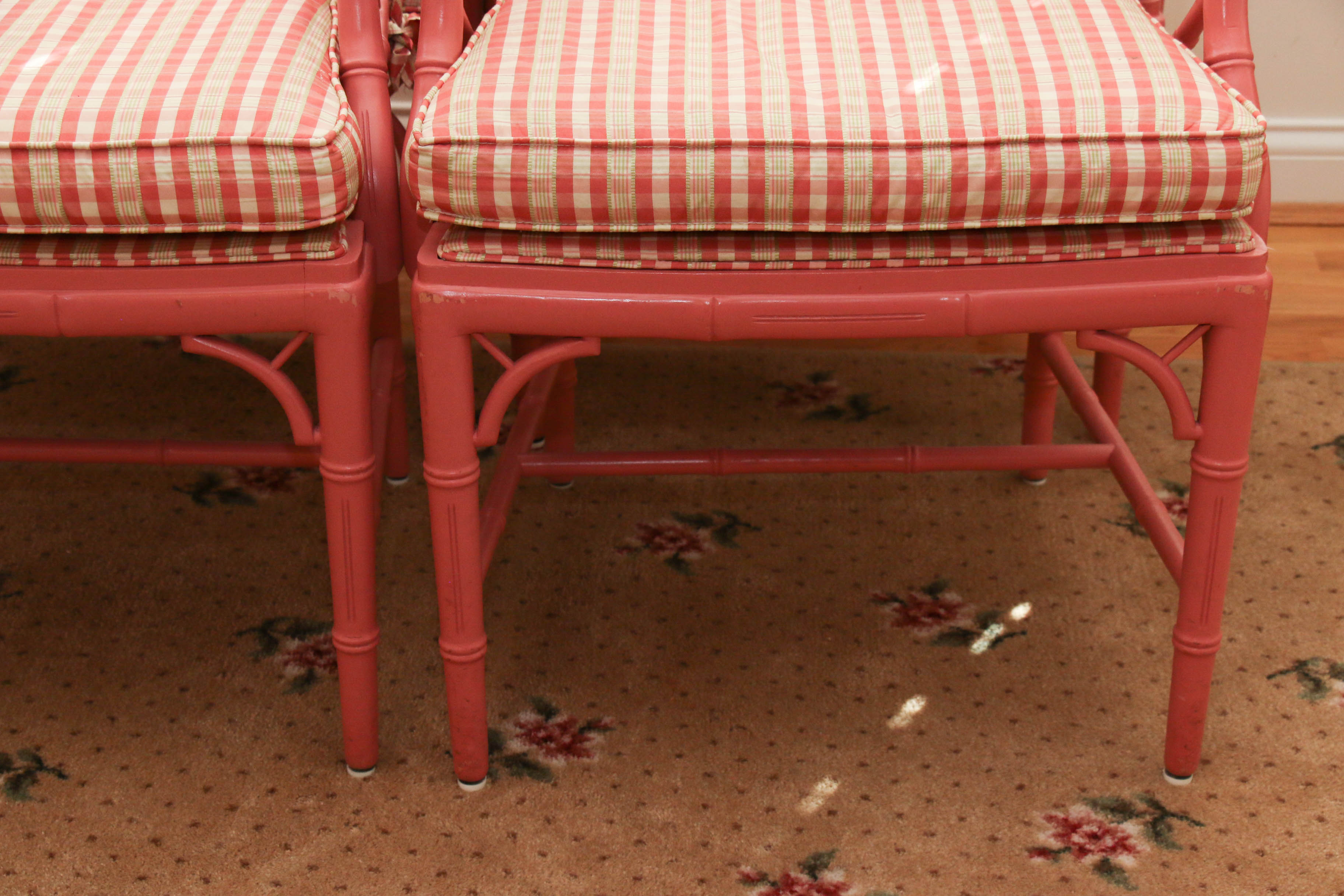 Six Pink-Painted Chippendale Style Faux Bamboo Dining Chairs, Late 20th Century