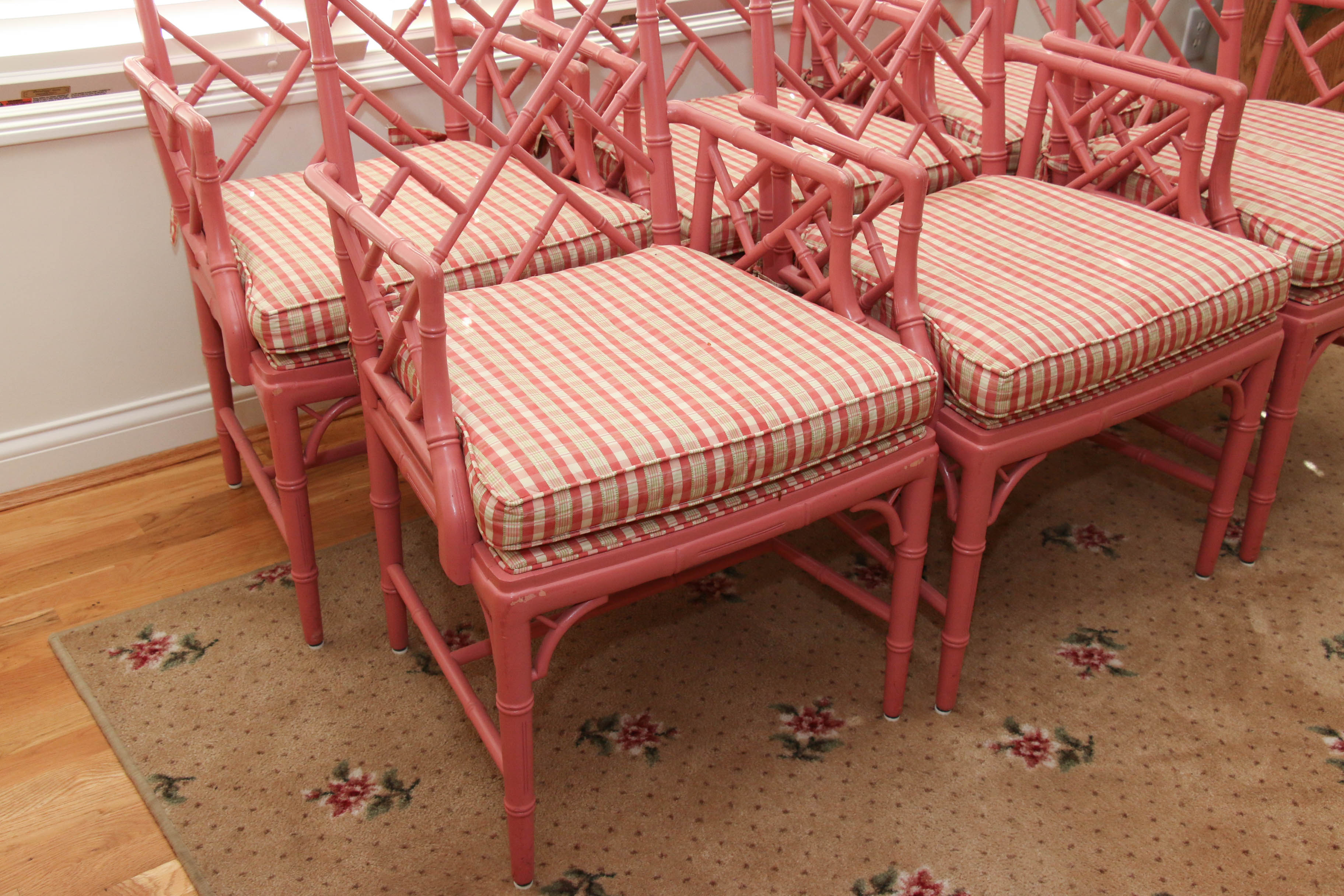 Six Pink-Painted Chippendale Style Faux Bamboo Dining Chairs, Late 20th Century