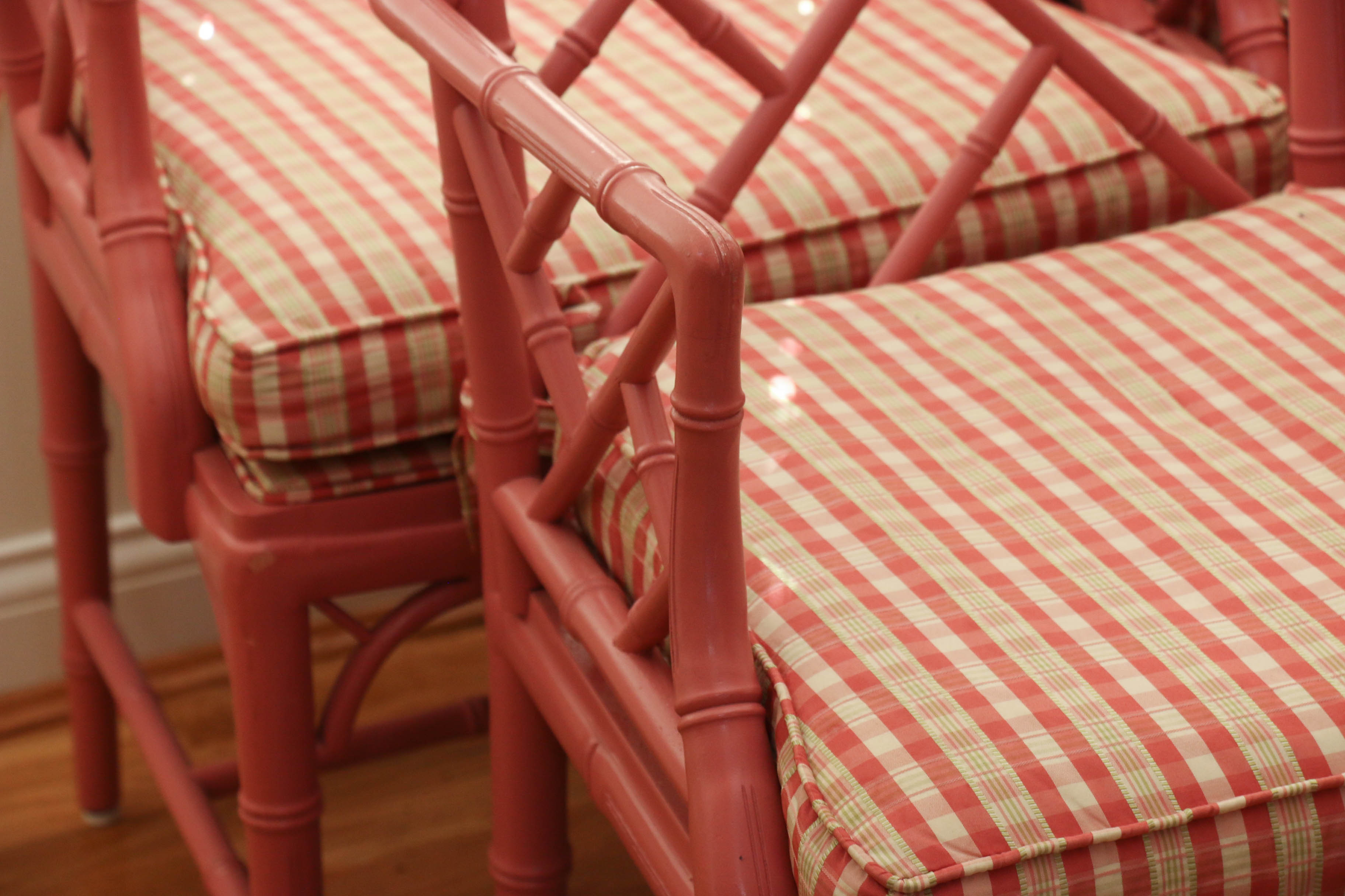 Six Pink-Painted Chippendale Style Faux Bamboo Dining Chairs, Late 20th Century