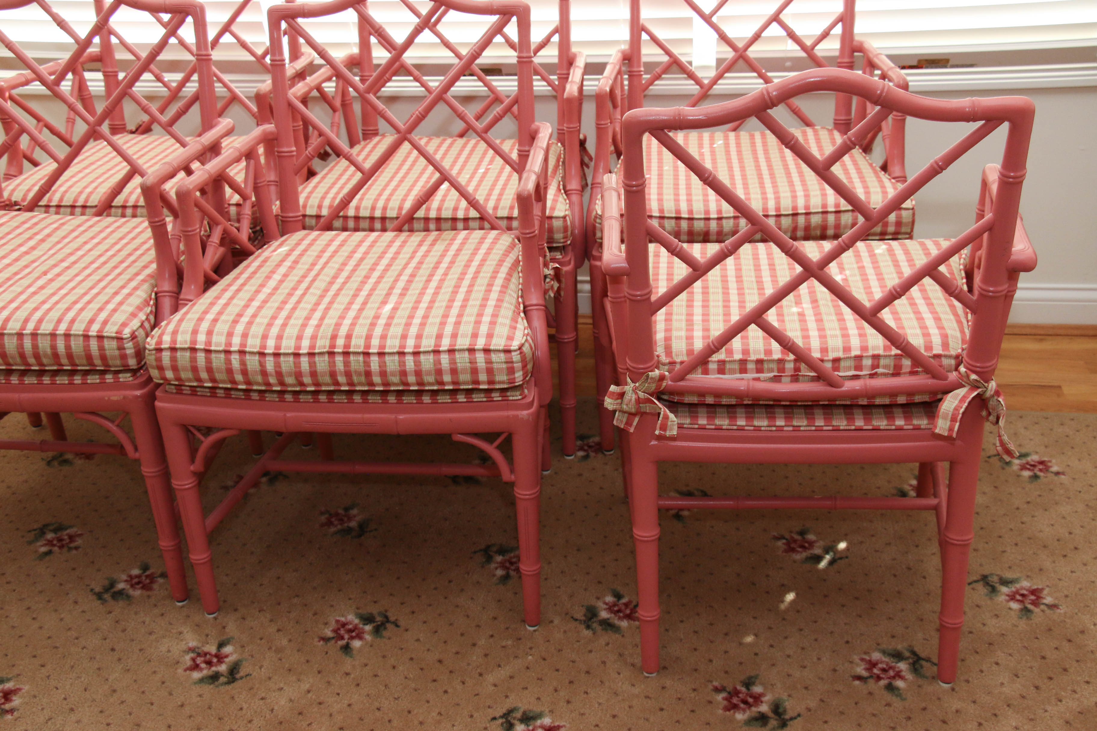 Six Pink-Painted Chippendale Style Faux Bamboo Dining Chairs, Late 20th Century