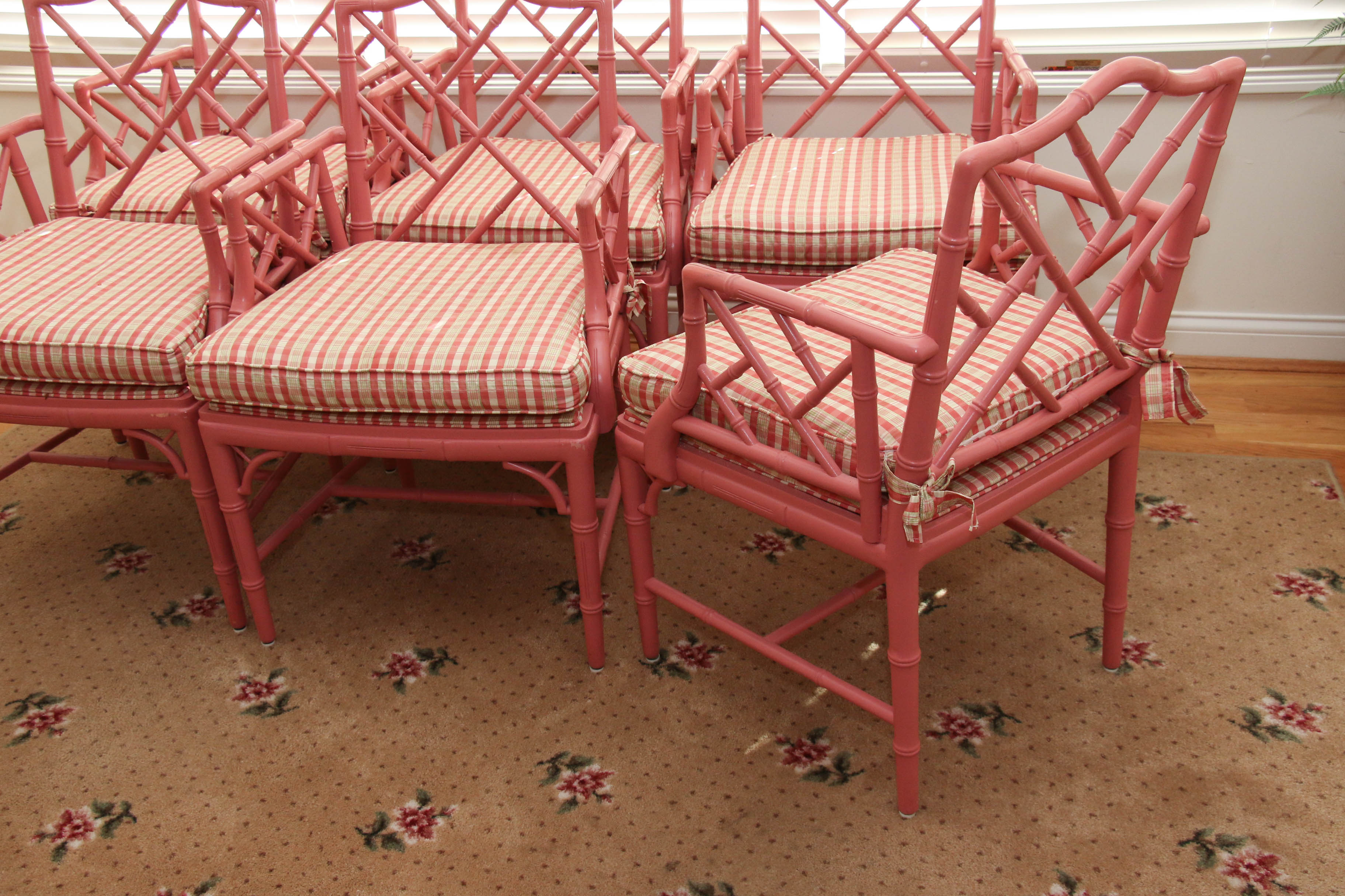 Six Pink-Painted Chippendale Style Faux Bamboo Dining Chairs, Late 20th Century