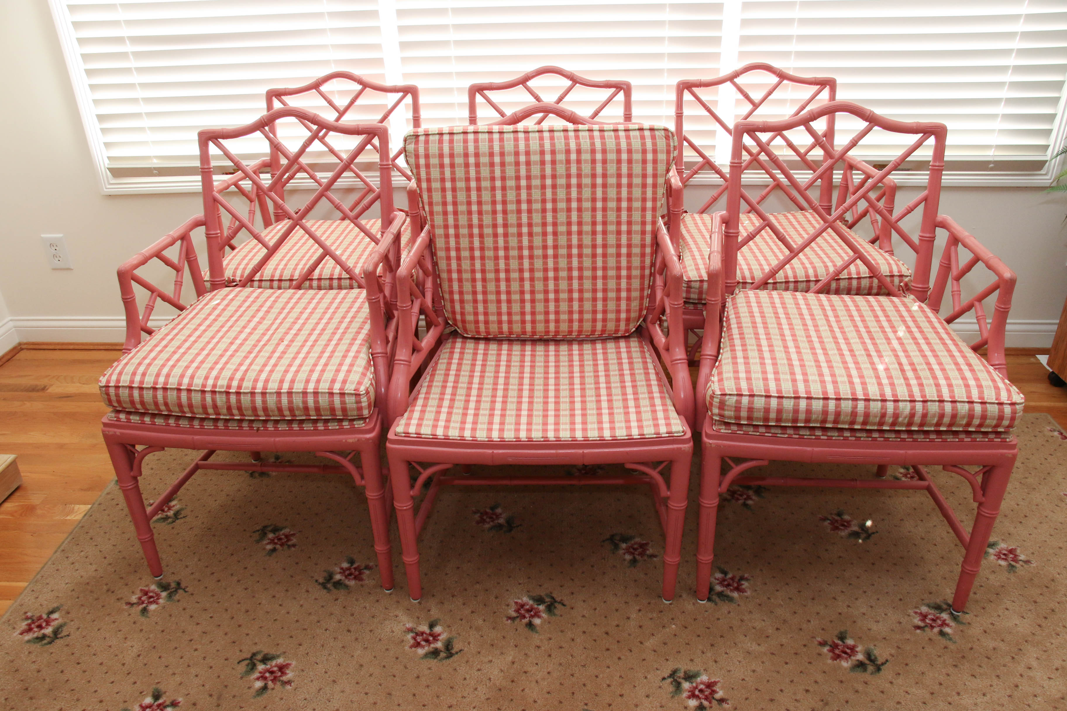 Six Pink-Painted Chippendale Style Faux Bamboo Dining Chairs, Late 20th Century