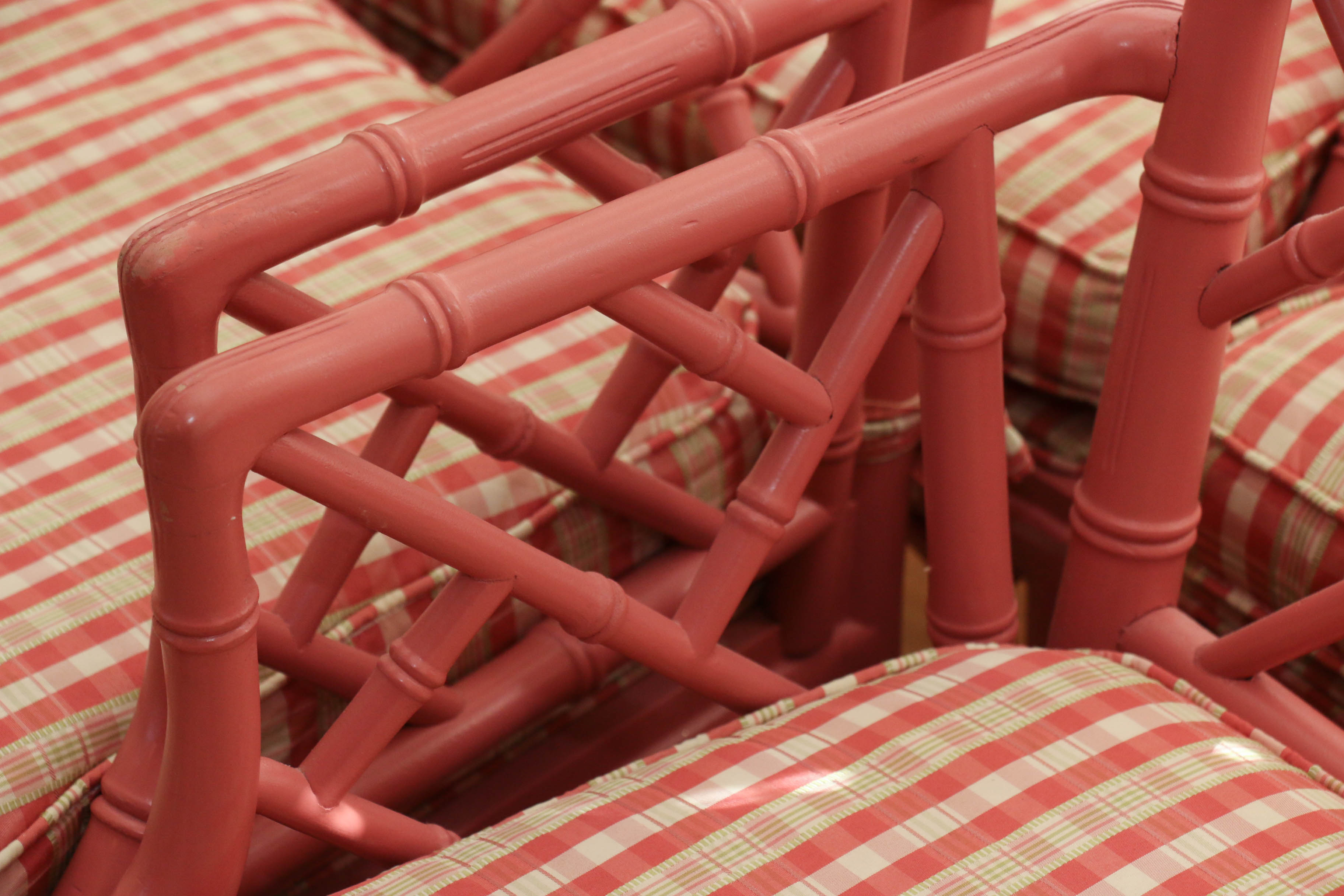 Six Pink-Painted Chippendale Style Faux Bamboo Dining Chairs, Late 20th Century
