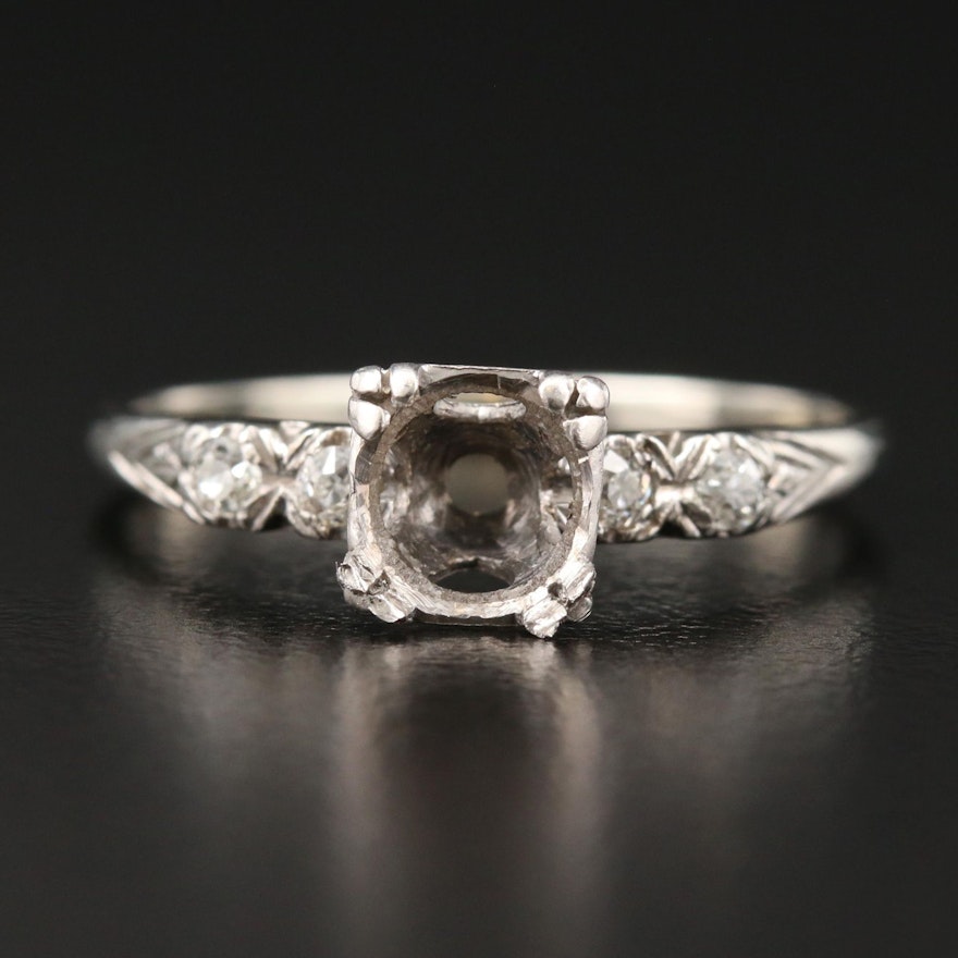 Circa 1950's 18K White Gold Diamond Semi-Mount Ring with Palladium Accent