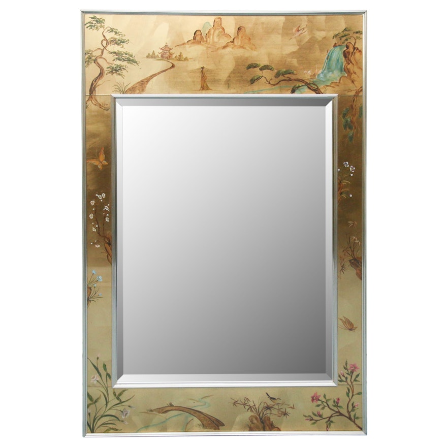 Reverse Painted Wall Mirror with East Asian Landscape Scene