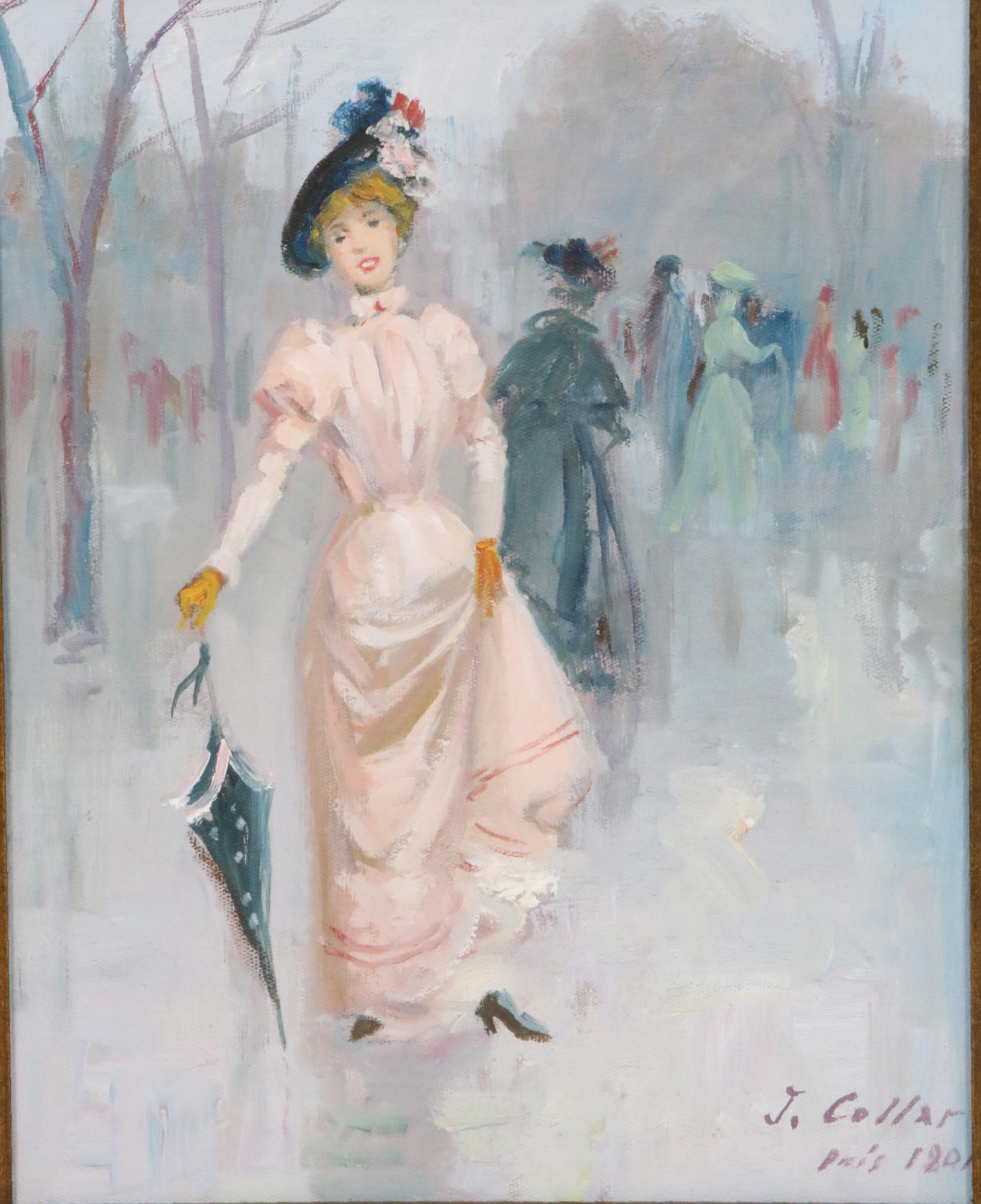 J. Collar Impressionist Style Parisian Woman Oil Painting, Late 20th Century