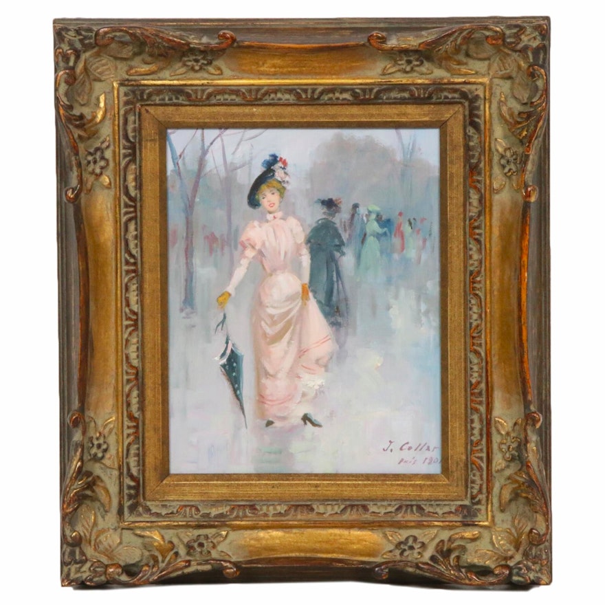 J. Collar Impressionist Style Parisian Woman Oil Painting, Late 20th Century
