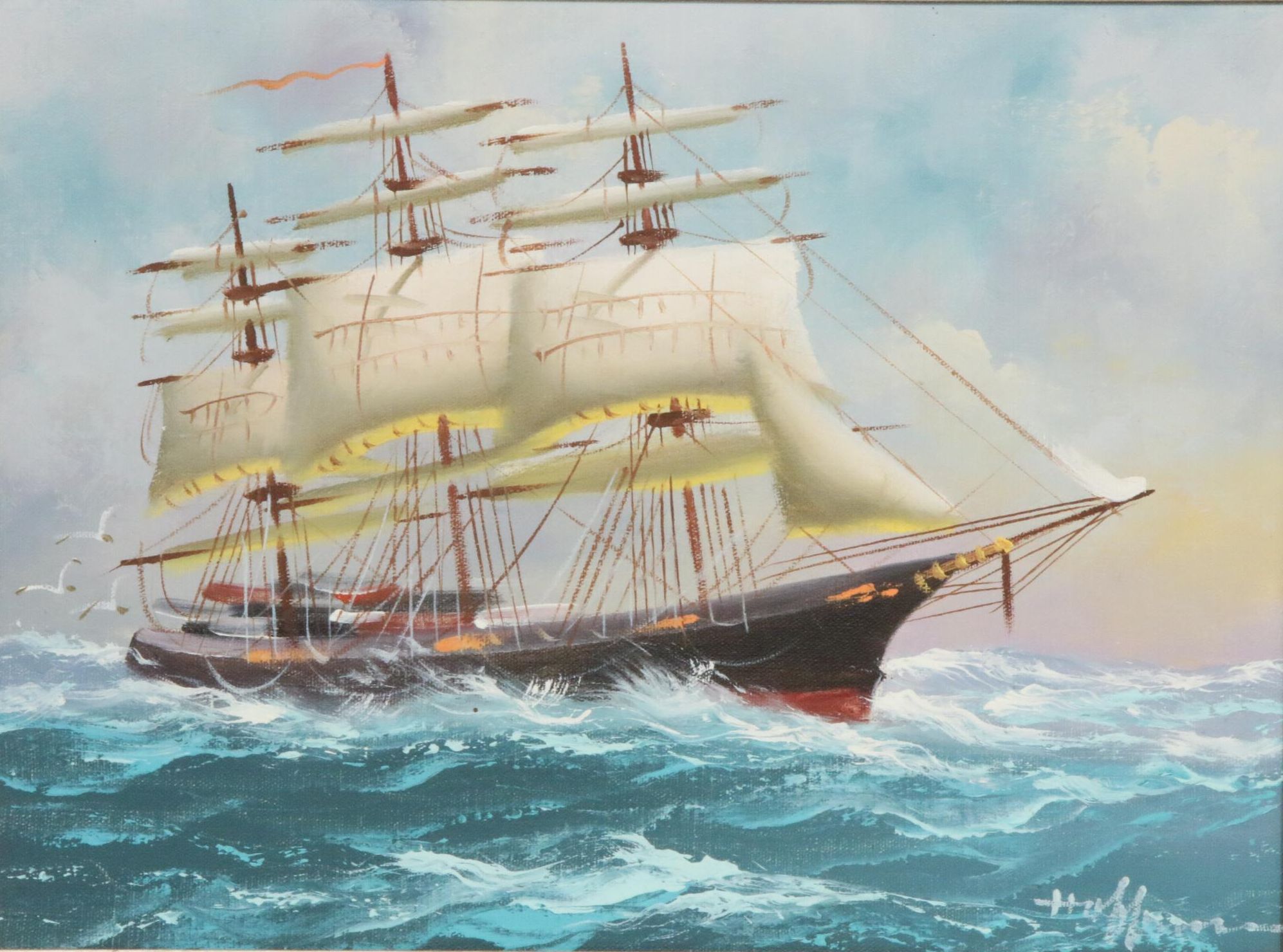 Clipper Ship at Sea Oil Painting, Mid to Late 20th Century