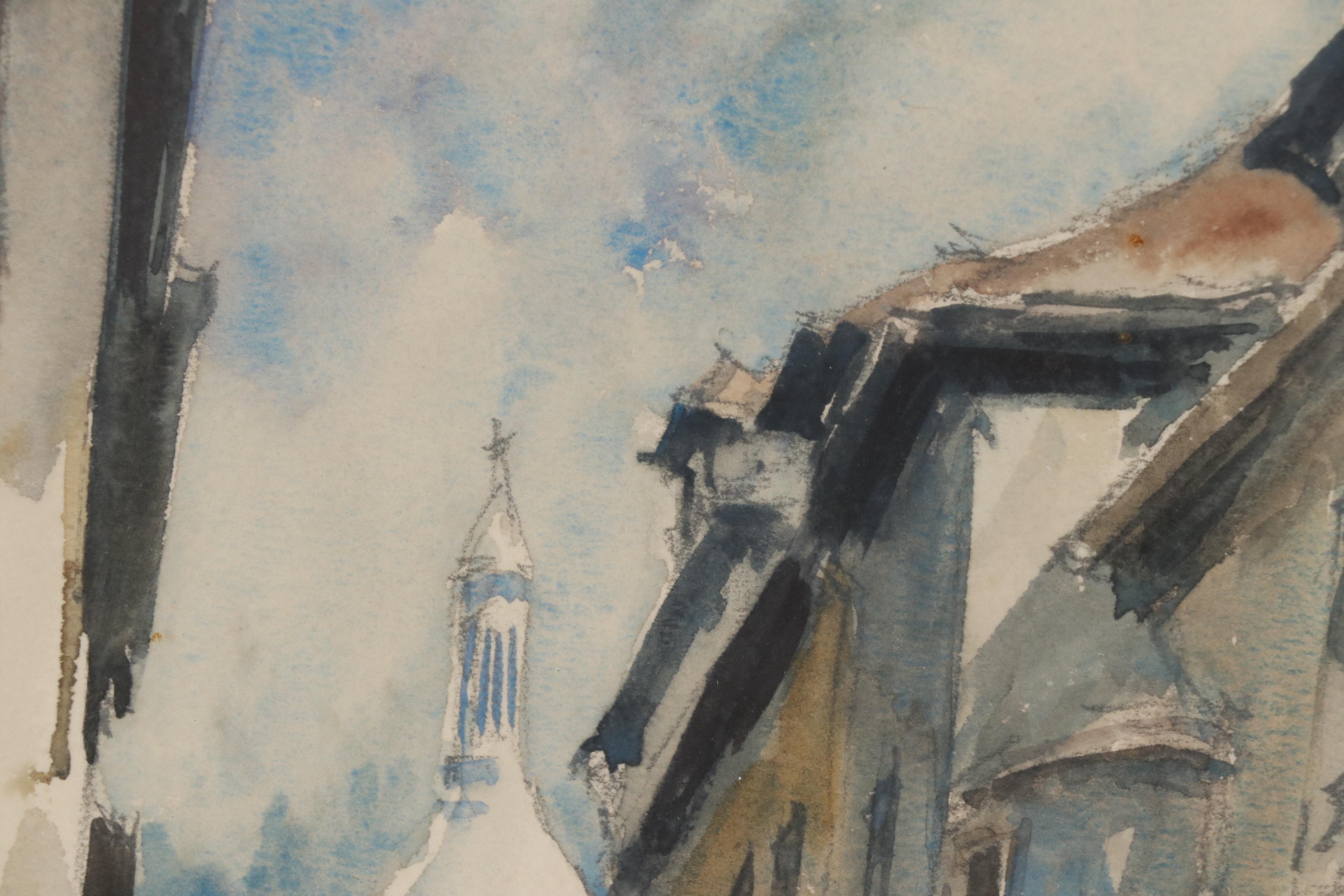 Pierre Eugene Cambier Watercolor Painting of a Paris Street Scene