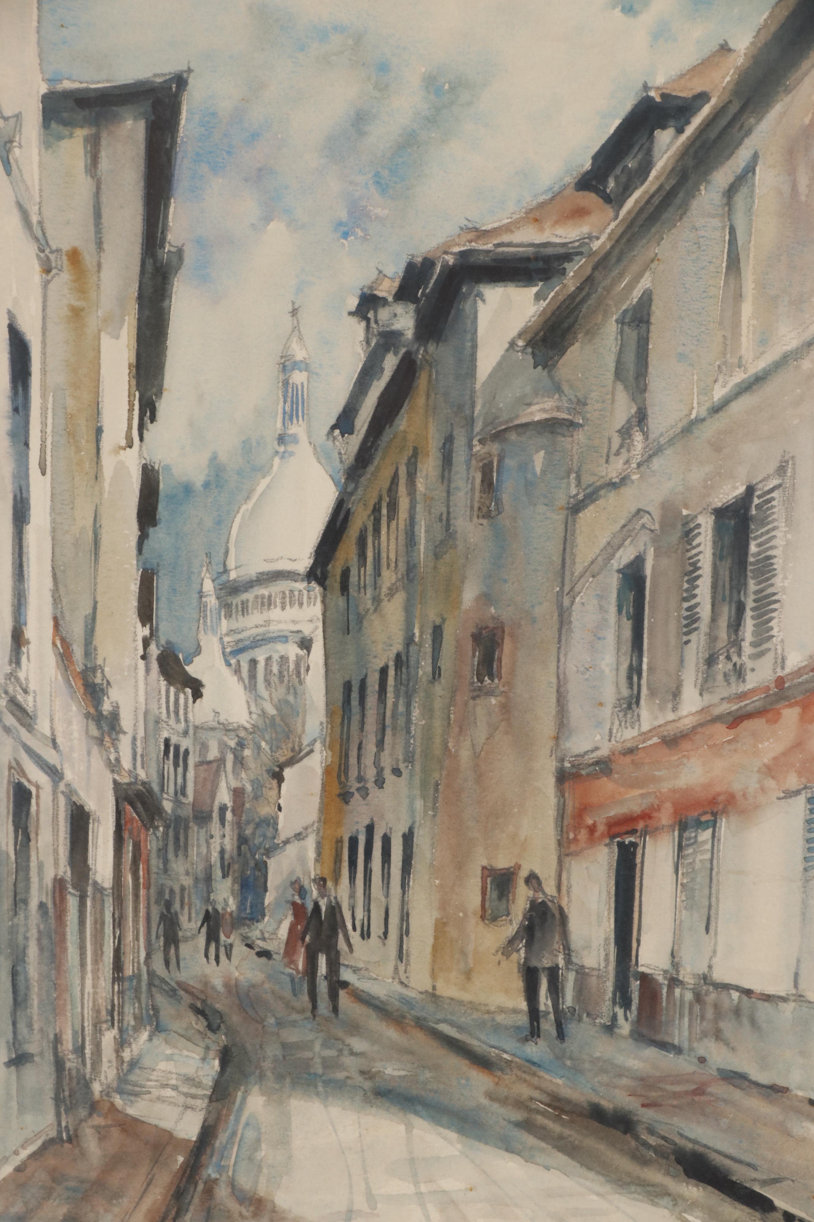 Pierre Eugene Cambier Watercolor Painting of a Paris Street Scene