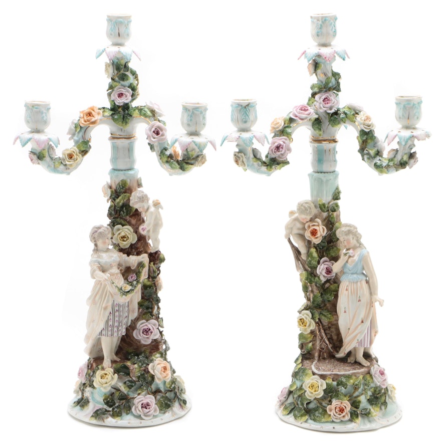 Sitzendorf German Baroque Style Porcelain Figural Candelabra, circa 1900