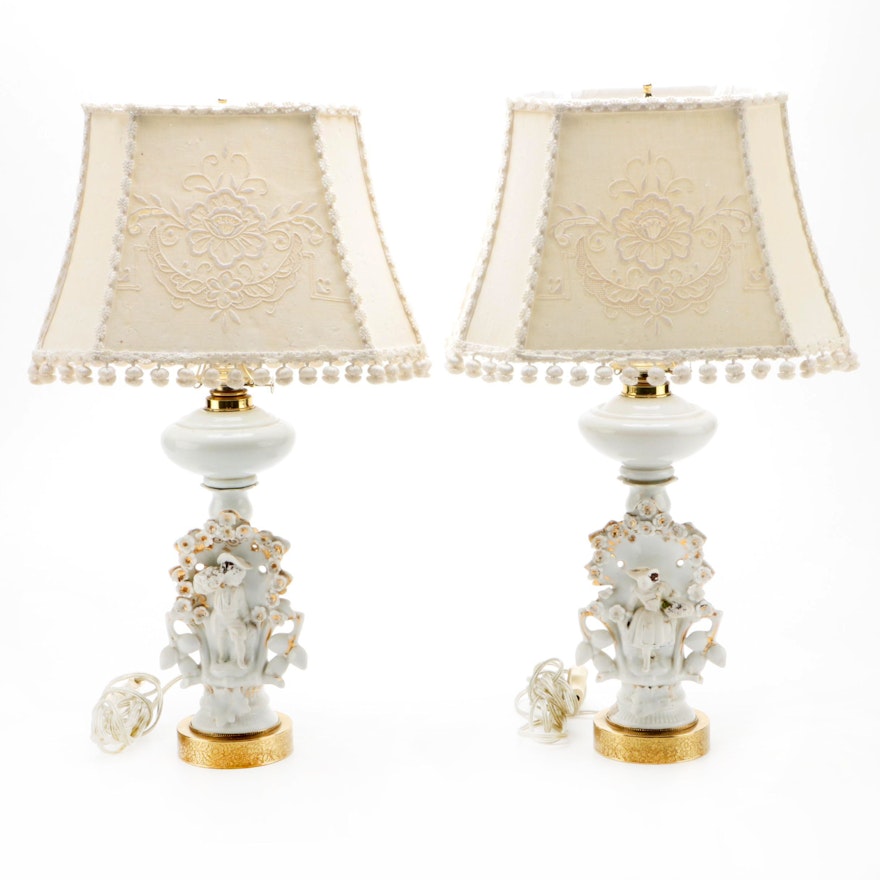 Pair of Converted Continental Porcelain Candlestick Table Lamps with Shades