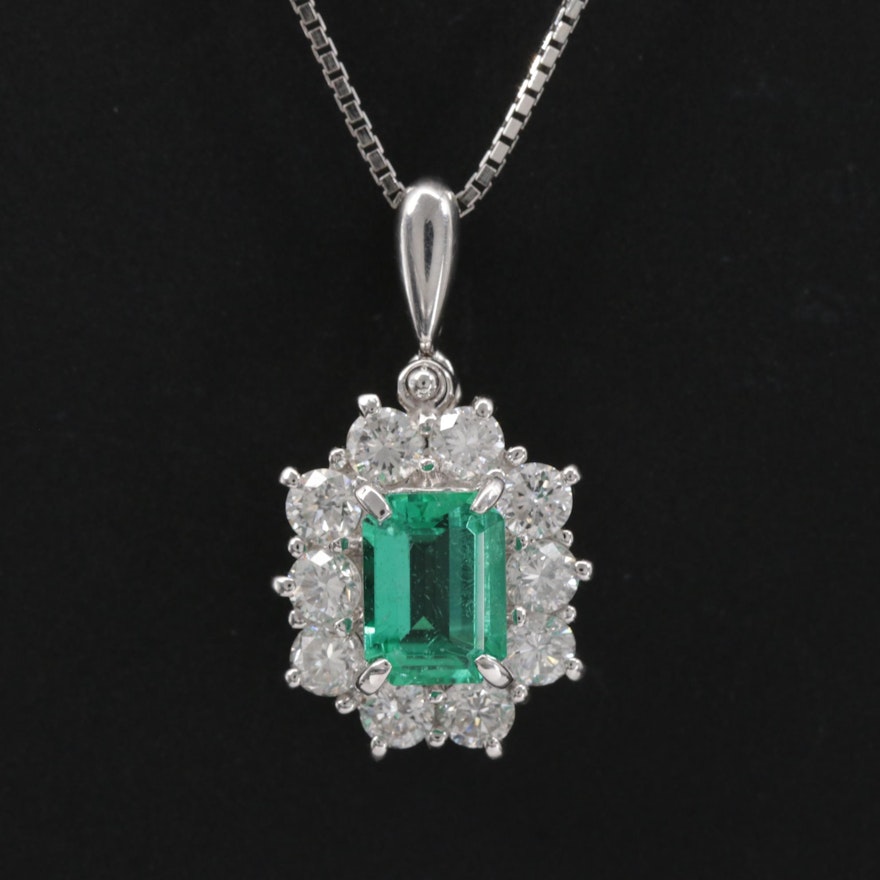 Platinum Emerald and Diamond Pendant Necklace