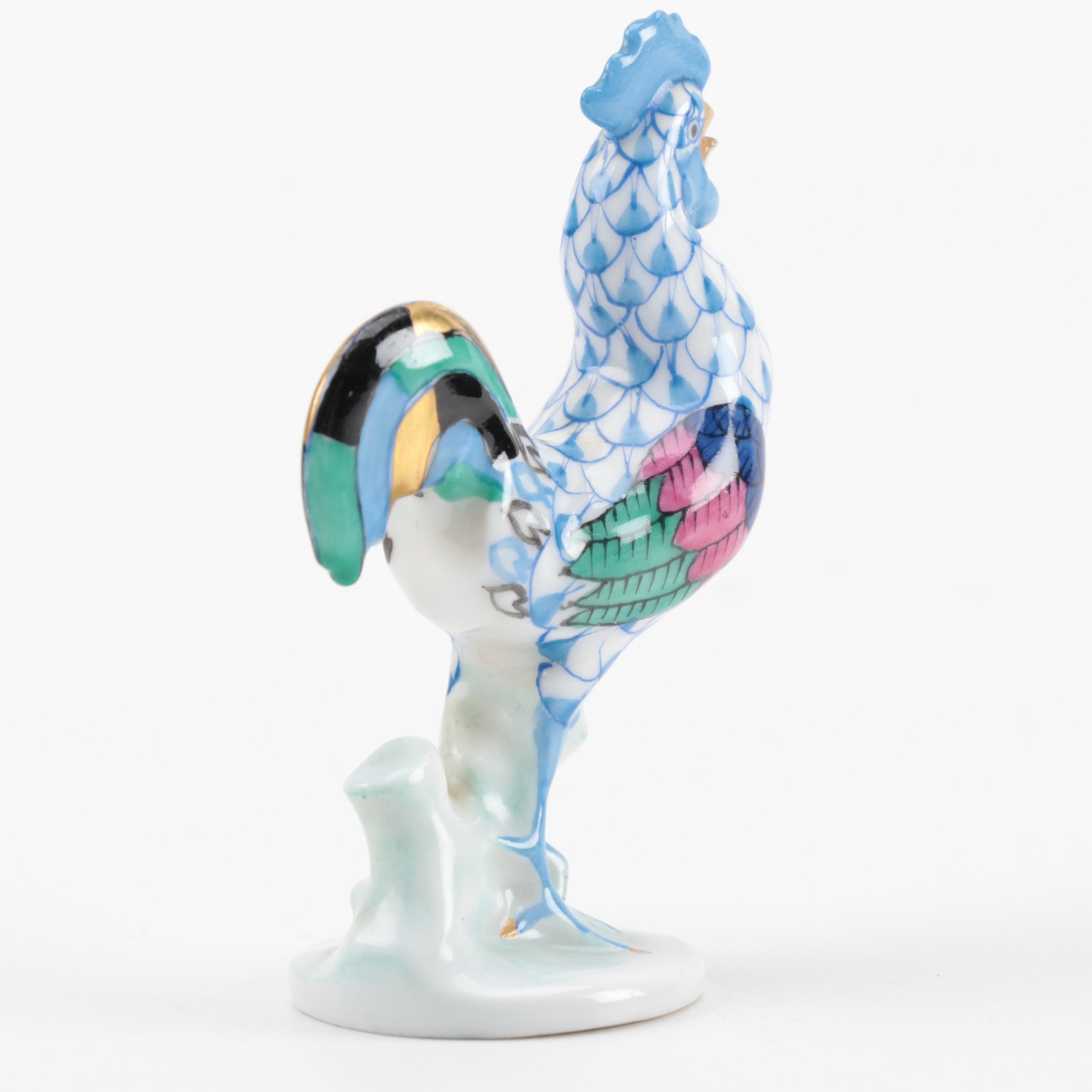 Herend Blue Fishnet with Gold "Rooster" Porcelain Figurine