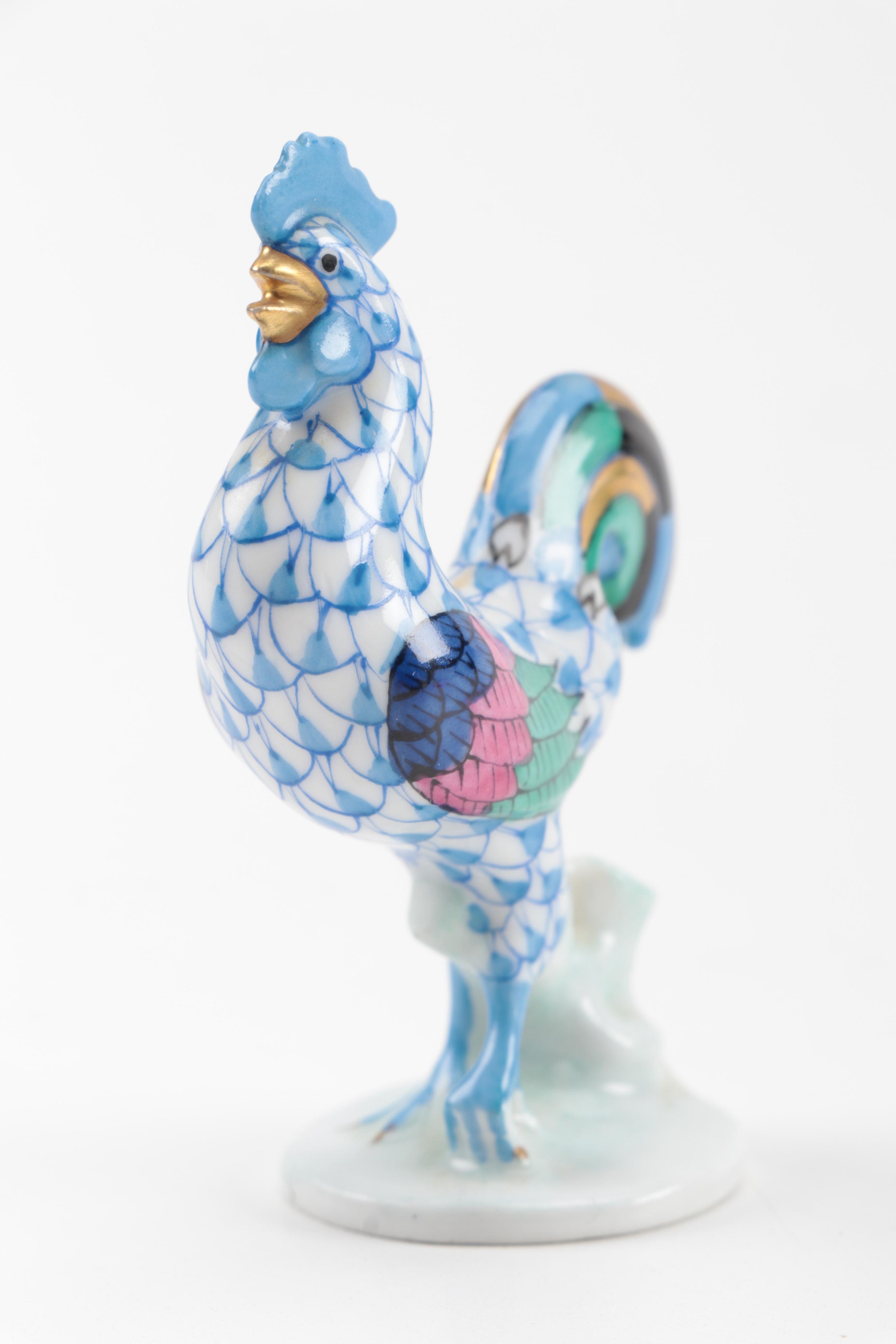 Herend Blue Fishnet with Gold "Rooster" Porcelain Figurine