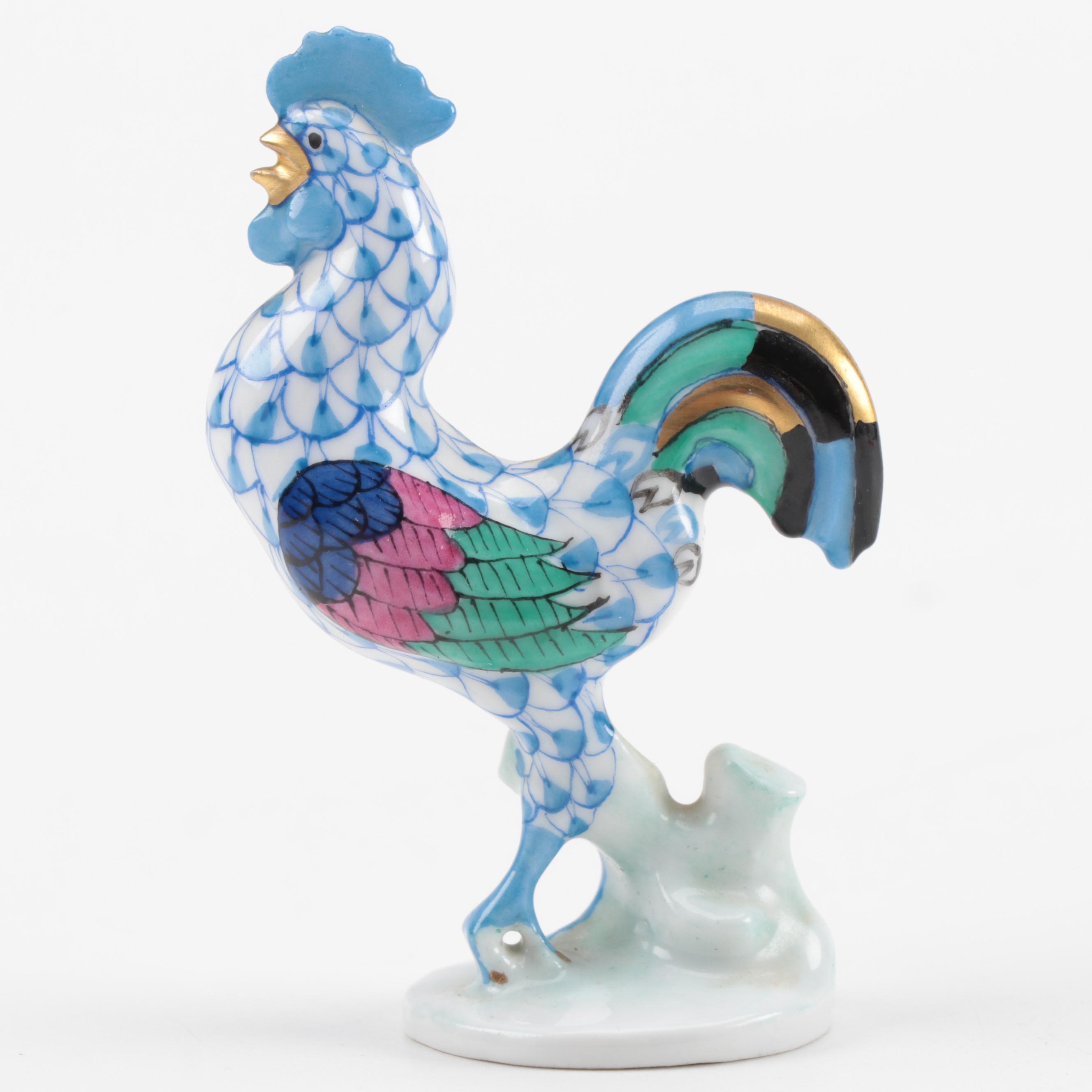 Herend Blue Fishnet with Gold "Rooster" Porcelain Figurine