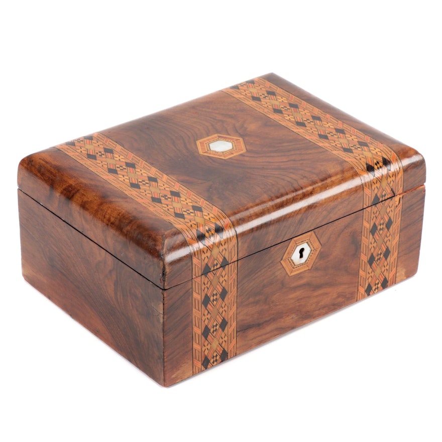 Rosewood Veneer and Marquetry Lock Box with Mother of Pearl Inlay