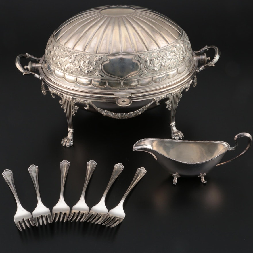 Spurrier & Co. Silver Plate Breakfast Server with Sauce Boat and Salad Forks