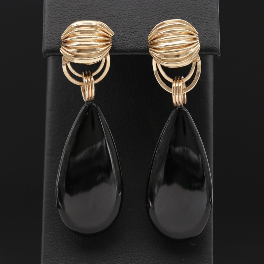 14K Gold Black Onyx Earrings with Fluted Design