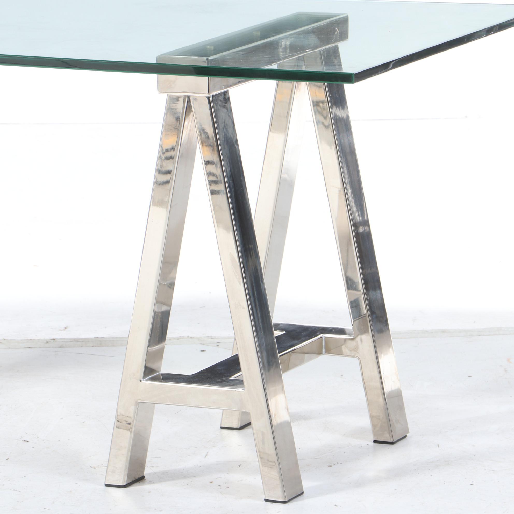 Williams-Sonoma Chrome Sawhorse and Glass-Top Table, 21st Century