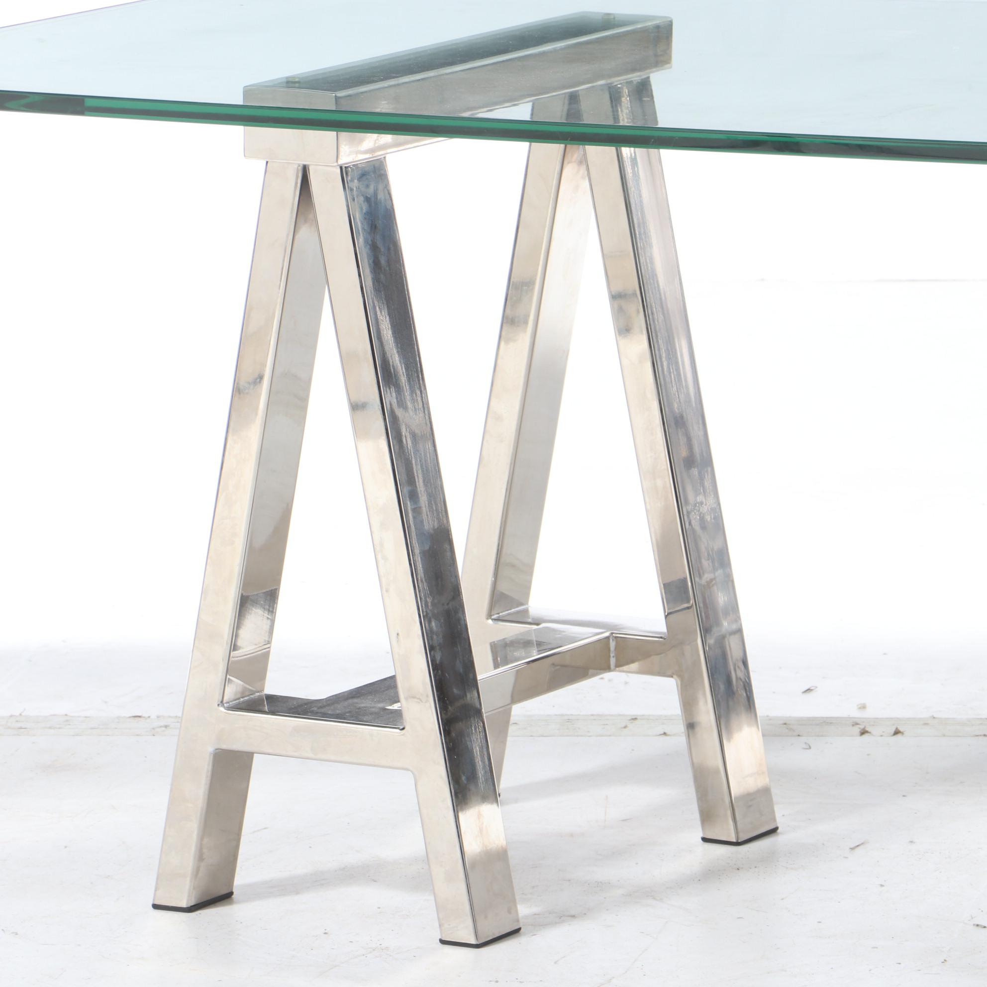 Williams-Sonoma Chrome Sawhorse and Glass-Top Table, 21st Century