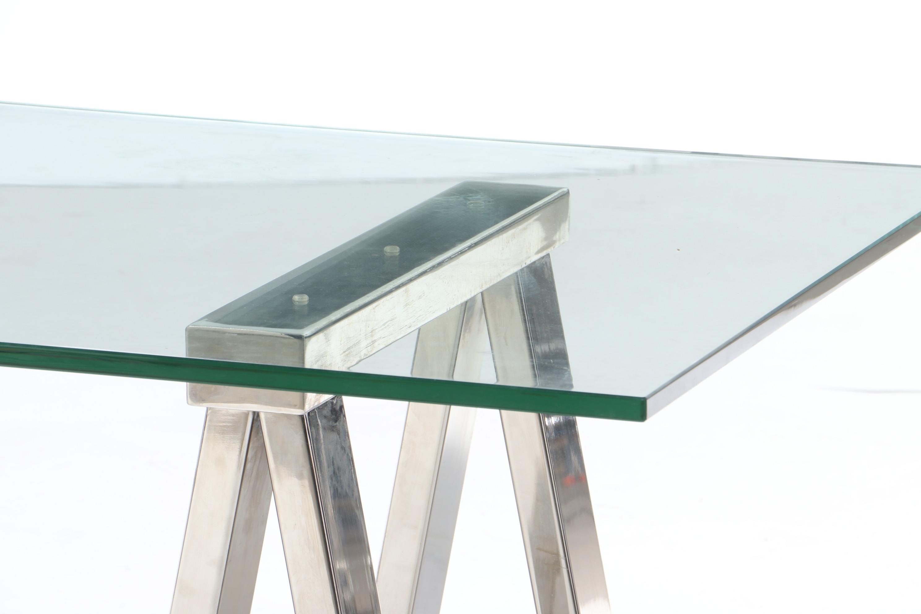 Williams-Sonoma Chrome Sawhorse and Glass-Top Table, 21st Century