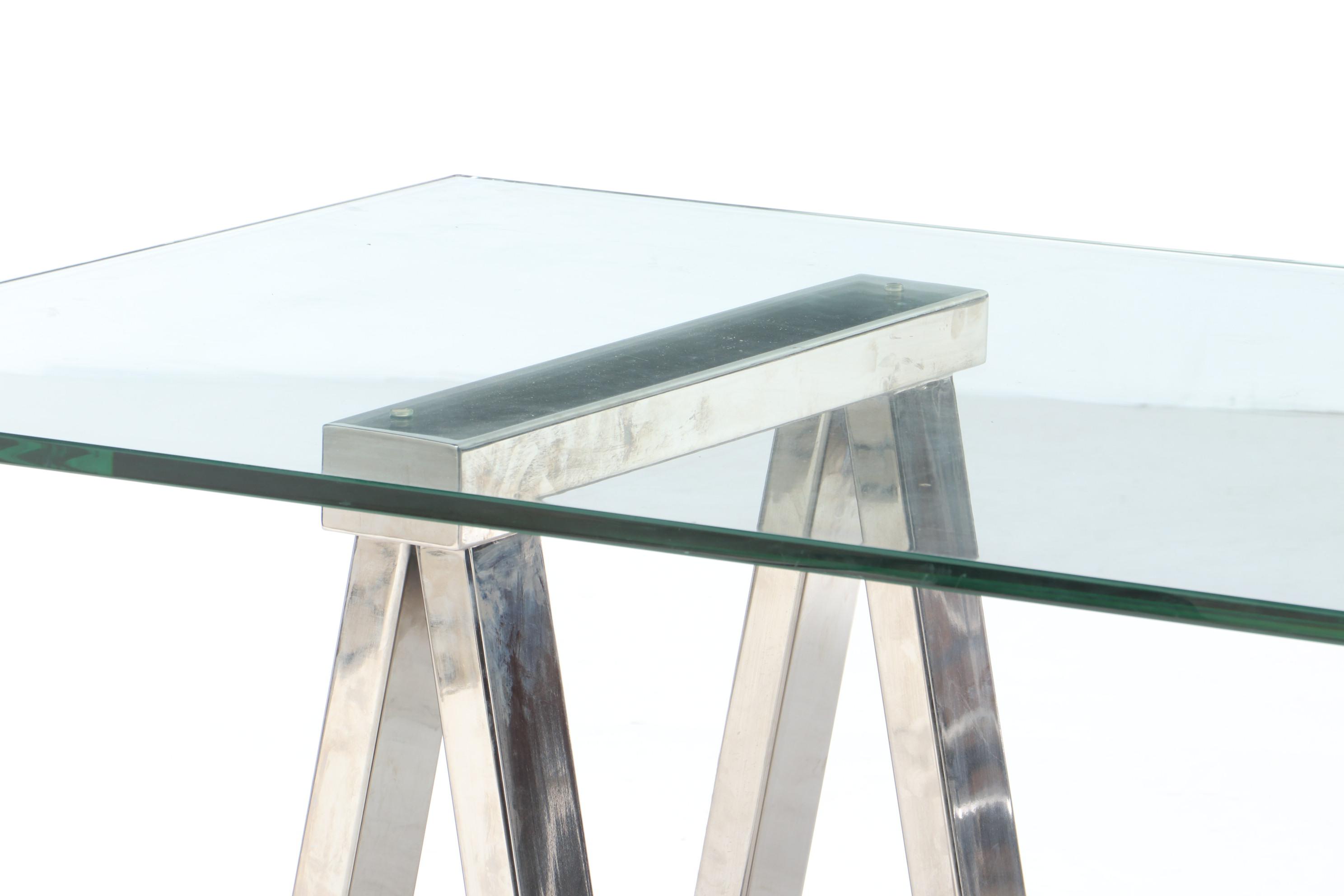 Williams-Sonoma Chrome Sawhorse and Glass-Top Table, 21st Century