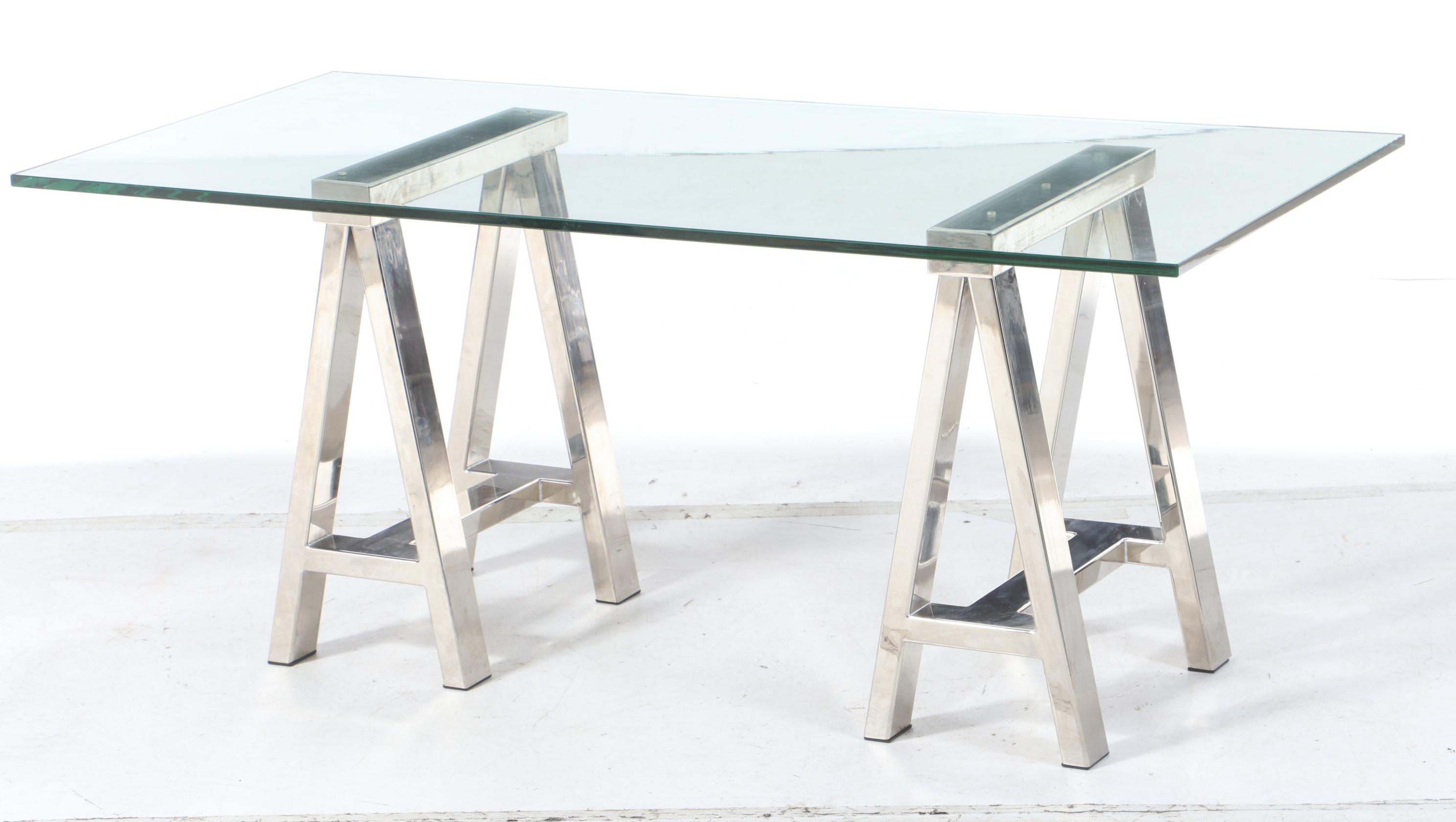 Williams-Sonoma Chrome Sawhorse and Glass-Top Table, 21st Century