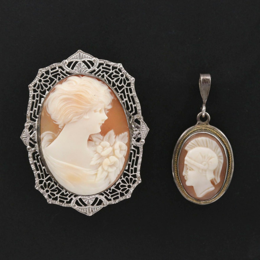 Sterling Helmet Shell Cameo Brooch and 800 Silver Cameo Pendant