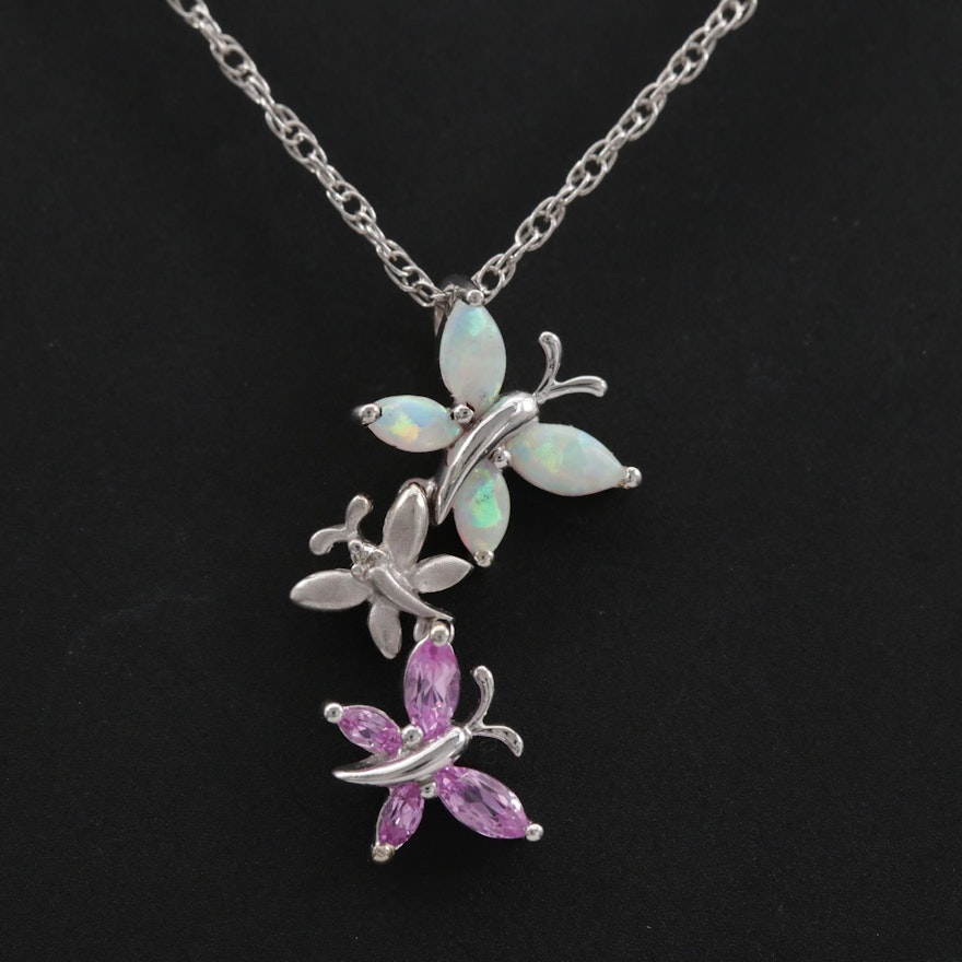 14K Butterfly Pendant on Sterling Chain with Diamond and Synthetic Gemstones