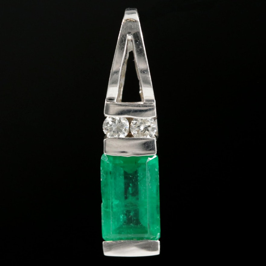 14K White Gold Emerald and Diamond Slide Pendant