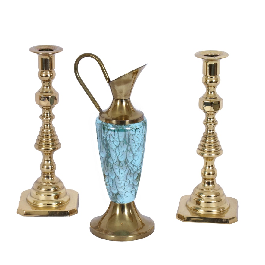 Baldwin Brass Candlesticks with Delft Style Brass and Marbled Porcelain Ewer