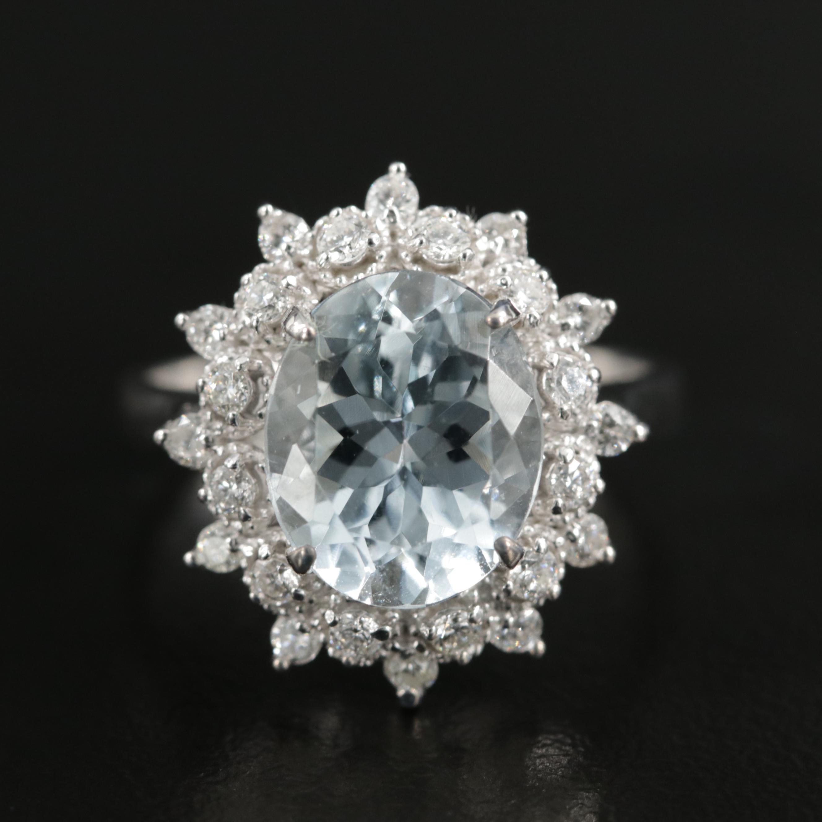 14K White Gold Aquamarine and Diamond Ring
