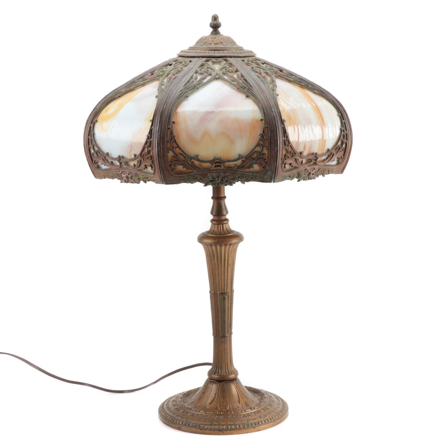 Miller Lamp Co. Art Nouveau Gilt Metal Lamp with Slag Glass Shade, Early 20th C.