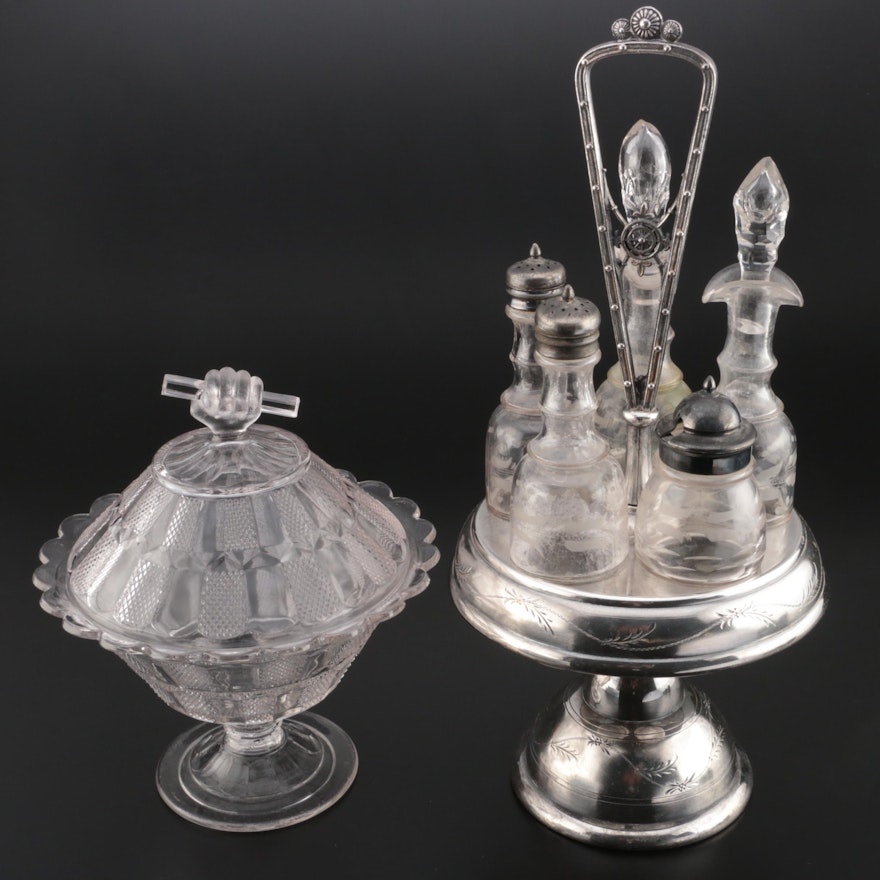 Victorian Style Silver Plate Cruet Set with Lidded Glass Compote