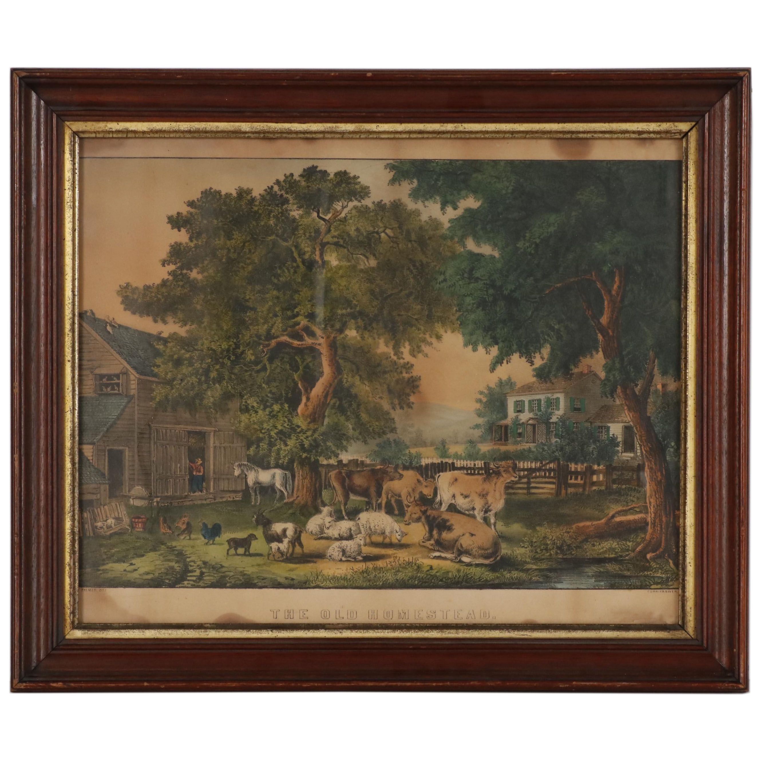 Currier and Ives Hand Colored Lithograph "The Old Homestead"