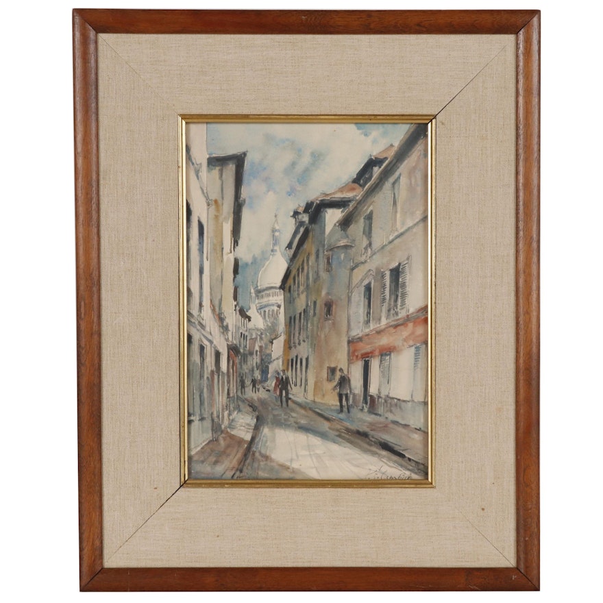 Pierre Eugene Cambier Watercolor Painting of a Paris Street Scene