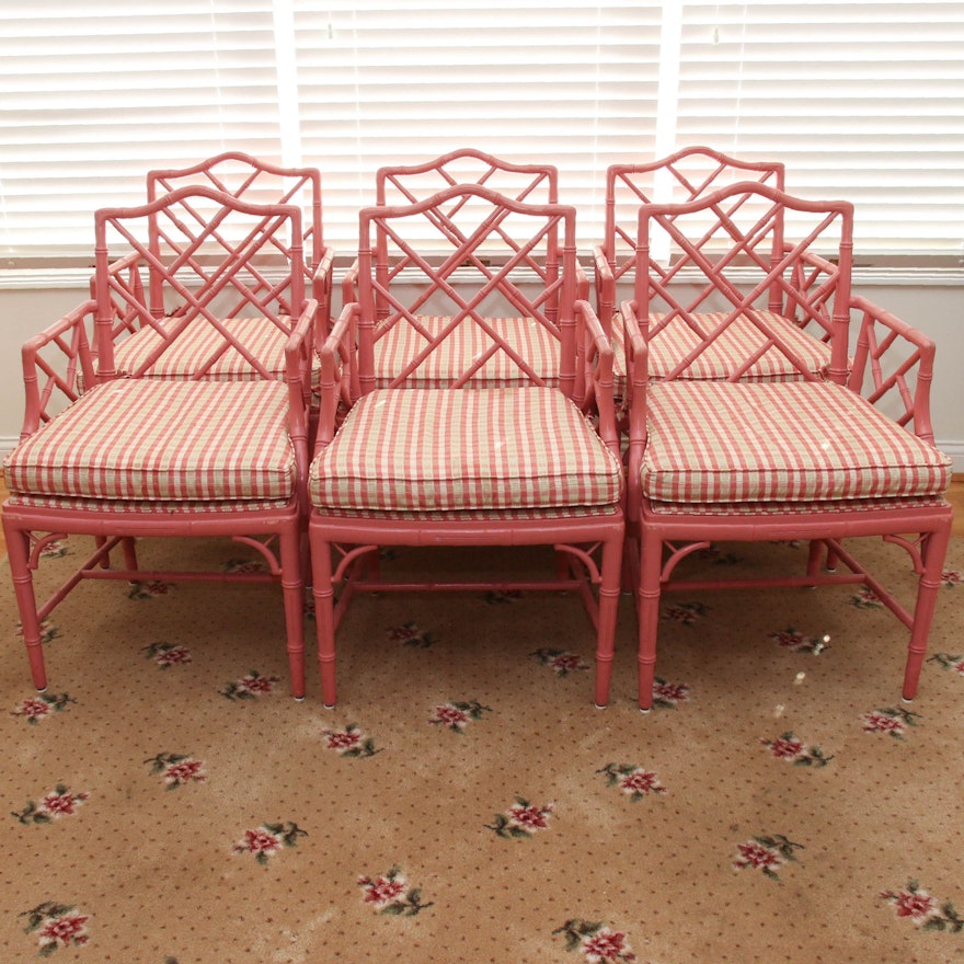 Six Pink-Painted Chippendale Style Faux Bamboo Dining Chairs, Late 20th Century