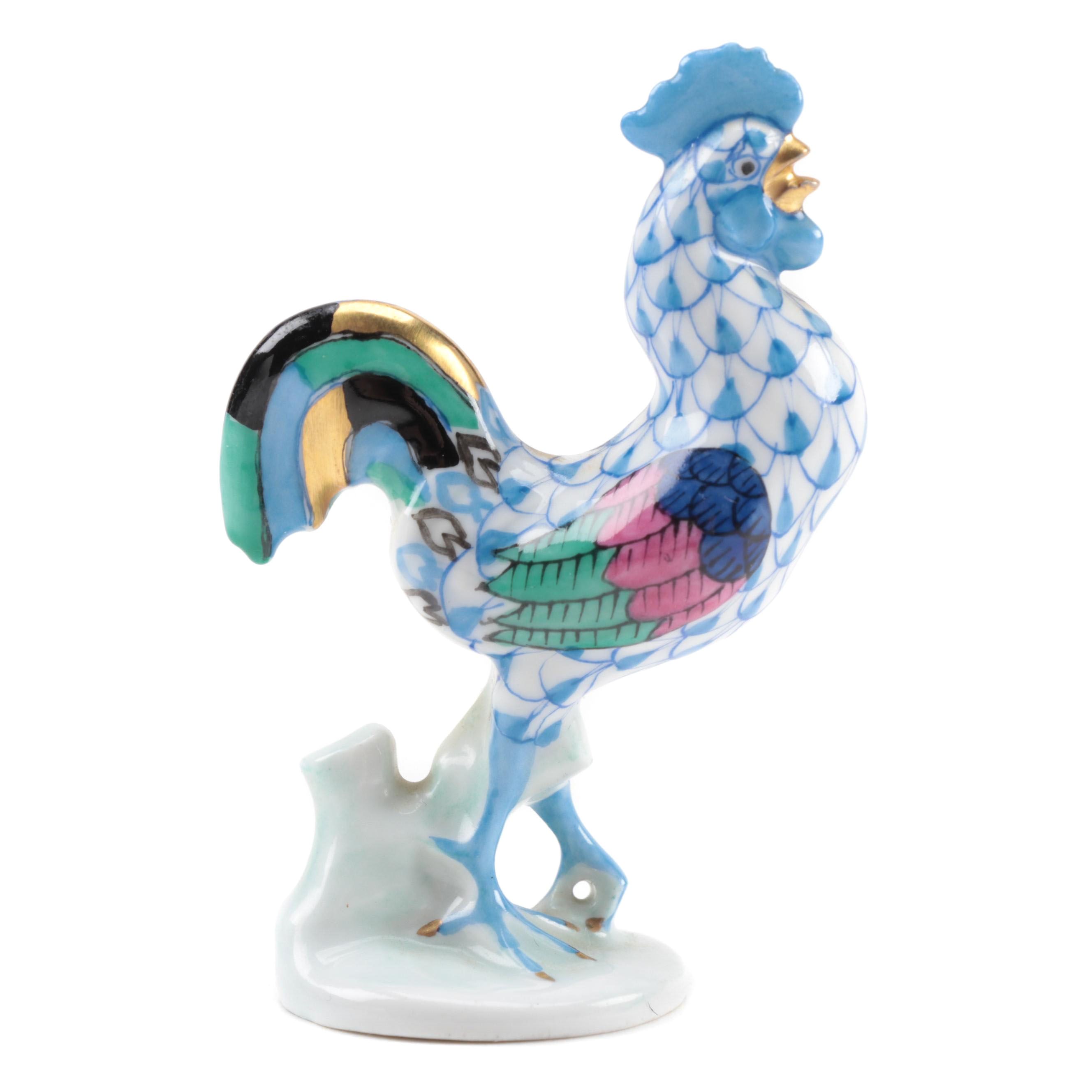 Herend Blue Fishnet with Gold "Rooster" Porcelain Figurine