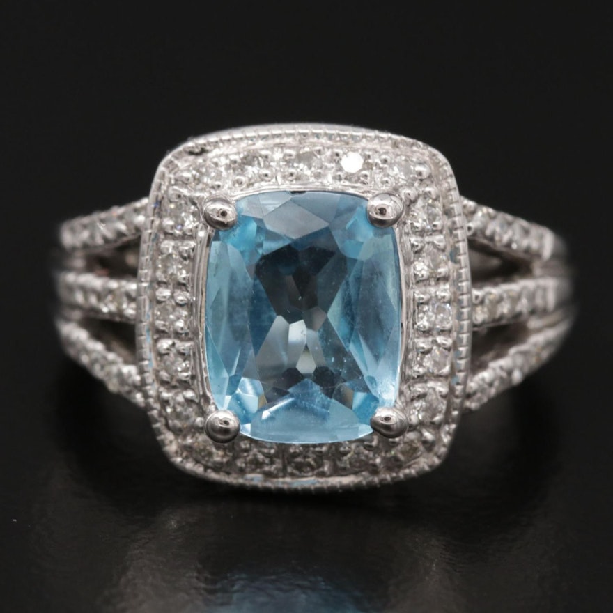 14K White Gold Blue Topaz and Diamond Ring