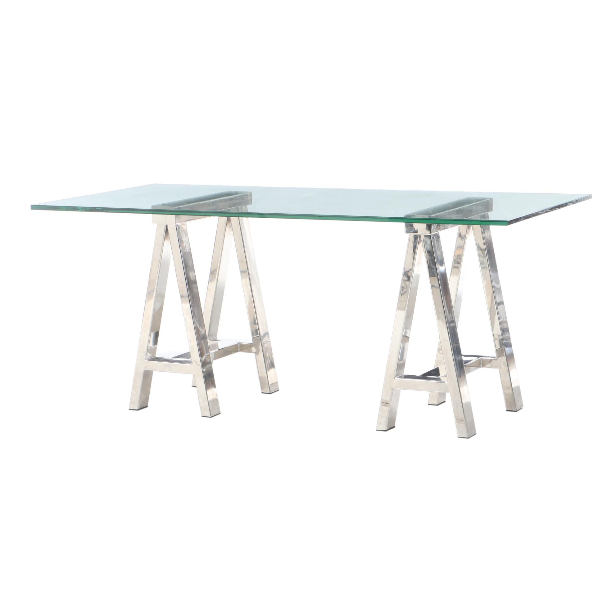 Williams-Sonoma Chrome Sawhorse and Glass-Top Table, 21st Century