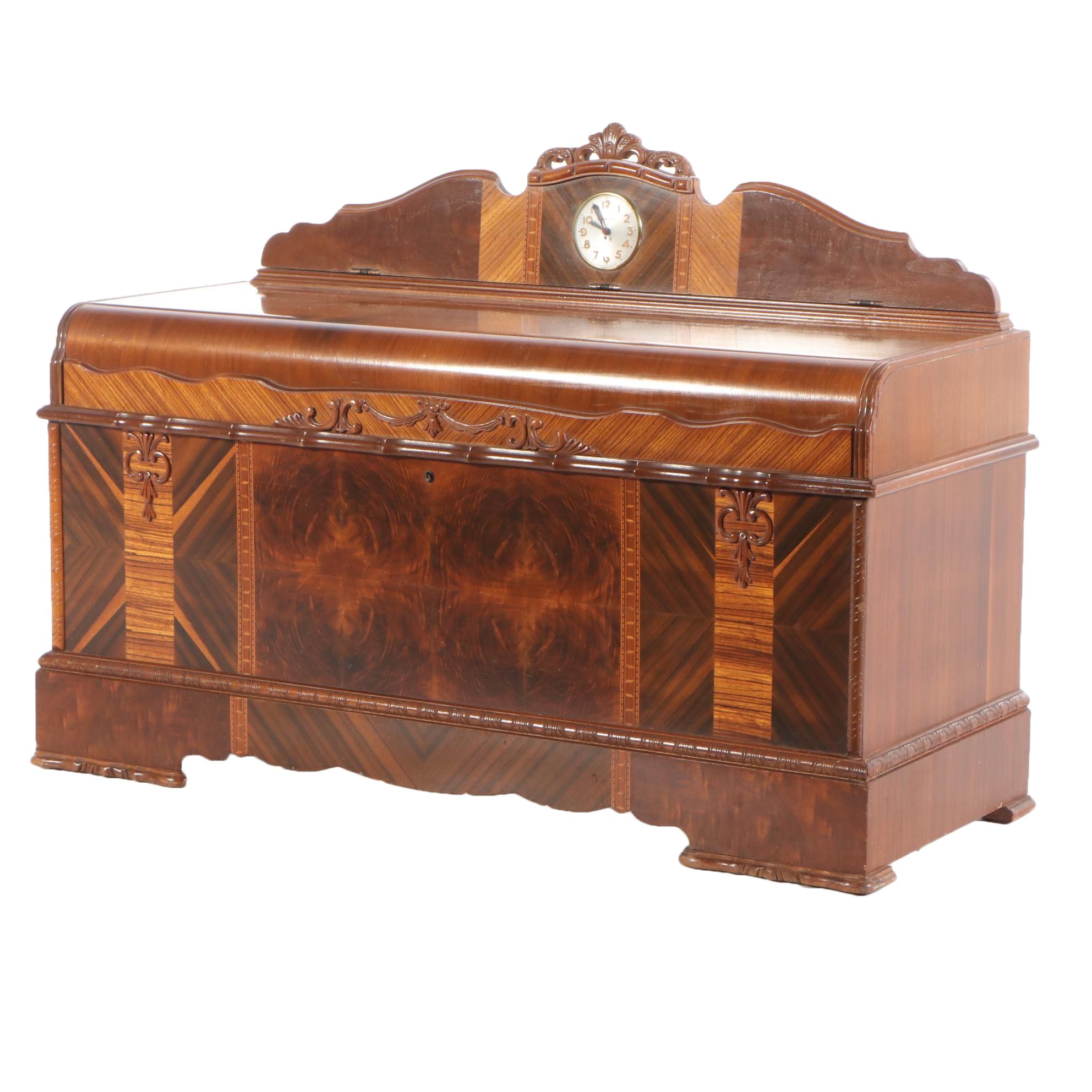 Roos Art Deco Walnut and Cedar Blanket Chest with Clock Splash, circa 1930